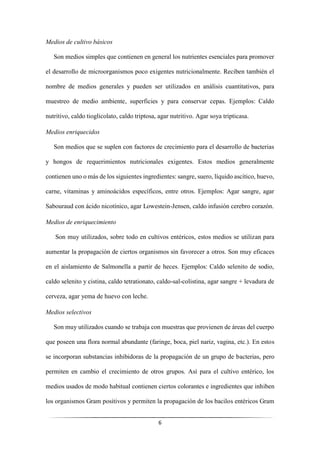 6
Medios de cultivo básicos
Son medios simples que contienen en general los nutrientes esenciales para promover
el desarrollo de microorganismos poco exigentes nutricionalmente. Reciben también el
nombre de medios generales y pueden ser utilizados en análisis cuantitativos, para
muestreo de medio ambiente, superficies y para conservar cepas. Ejemplos: Caldo
nutritivo, caldo tioglicolato, caldo triptosa, agar nutritivo. Agar soya tripticasa.
Medios enriquecidos
Son medios que se suplen con factores de crecimiento para el desarrollo de bacterias
y hongos de requerimientos nutricionales exigentes. Estos medios generalmente
contienen uno o más de los siguientes ingredientes: sangre, suero, líquido ascítico, huevo,
carne, vitaminas y aminoácidos específicos, entre otros. Ejemplos: Agar sangre, agar
Sabouraud con ácido nicotínico, agar Lowestein-Jensen, caldo infusión cerebro corazón.
Medios de enriquecimiento
Son muy utilizados, sobre todo en cultivos entéricos, estos medios se utilizan para
aumentar la propagación de ciertos organismos sin favorecer a otros. Son muy eficaces
en el aislamiento de Salmonella a partir de heces. Ejemplos: Caldo selenito de sodio,
caldo selenito y cistina, caldo tetrationato, caldo-sal-colistina, agar sangre + levadura de
cerveza, agar yema de huevo con leche.
Medios selectivos
Son muy utilizados cuando se trabaja con muestras que provienen de áreas del cuerpo
que poseen una flora normal abundante (faringe, boca, piel nariz, vagina, etc.). En estos
se incorporan substancias inhibidoras de la propagación de un grupo de bacterias, pero
permiten en cambio el crecimiento de otros grupos. Así para el cultivo entérico, los
medios usados de modo habitual contienen ciertos colorantes e ingredientes que inhiben
los organismos Gram positivos y permiten la propagación de los bacilos entéricos Gram
 