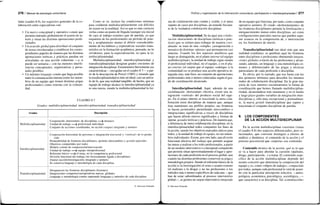 276 / Manual de psicología comunitaria
lante (cuadro 8.9), los requisitos generales de la co-
laboración entre especialistas son:
• Un marco conceptual y operativo común que
permita entender globalmente el asunto de in-
terés y situar las distintas aportaciones profe-
sionales.
• Un acuerdo global para distribuir el conjunto
de tareas involucradas y establecer los corres-
pondientes papeles de manera que las distintas
aportaciones teóricas y prácticas puedan ser
articuladas en una acción coherente —y si
puede ser unitaria— con las menores interfe-
rencias conceptuales, organizativas y perso-
nales posibles.
• Un mínimo lenguaje común que haga posible
tanto la comunicación interna (entre los miem-
bros de un equipo que tienen distintas jergas
profesionales) como externa con la comuni-
dad.
Como se ve, incluso las condiciones mínimas
para colaborar multidisciplinarmente son difíciles
de reunir en la realidad. Así es que es más correcto
verlas como un punto de llegada (aunque sea inicial
de cara al trabajo externo) que de partida, ya que
requieren de los profesionales un período de prue-
ba y acoplamiento mutuo al diferir considerable-
mente de los hábitos y expectativas sociales trans-
mitidos en la formación académica, pensada, no lo
olvidemos, para la especialización, no para la in-
terdisciplinariedad.
Multidisciplinariedad, interdisciplinariedad y
transdisciplinariedad designan grados crecientes de
integración disciplinar. Examinemos brevemente sus
características —recogidas en el cuadro 8.7— a par-
tir de la descripción de Porcel (1985) y notando que
la trasdisciplinariedad es más un ideal, casi un artícu-
lo de fe, que una realidad tangible: de hecho, que un
equipo de trabajo alcance la interdisciplinariedad ya
es una rareza, siendo la multidisciplinariedad la for-
CUADRO 8.7
Grados: multidisciplinariedad, interdisciplinariedad, transdisciplinariedad
Grados
Multidisciplinariedad
Interdisciplinariedad
Transdisciplinariedad
Descripción
Cooperación «horizontal» de disciplinas > mosaico
Unidad de trabajo > profesional individual
Conjunto de acciones coordinadas, no acción (output) integrado y unitario
Cooperación horizontal de personas e integración trasversal y «vertical» de lo produ-
cido
Permeabilidad de fronteras disciplinares: permite intercambios y gestalts parciales
Objetivos compartidos por todos
Modelo común de comprensión/intervención
Unidad de trabajo > equipo interprofesional
Referente básico > el tema, no la competencia profesional
División funcional del trabajo (no forzosamente ligada a disciplinas)
Output (acción/investigación) integrado y unitario
Se conserva lenguaje y metodología de cada disciplina
Desaparecen las fronteras disciplinares (fusiones)
Integraciones comprensivas/operativas nuevas, globales
Lenguaje y metodología común superando lenguajes y métodos de cada disciplina
© Ediciones Pirámide
Política y organización de la intervención comunitaria: participación e interdisciplinariedad I 277
ma de colaboración más común y visible, y el mero
reparto de casos por disciplinas, un remedo frecuen-
te de la verdadera colaboración disciplinar.
Multidisciplinariedad. Se da aquí una colabo-
ración «horizontal» de disciplinas (teóricas o prác-
ticas) que se reúnen para trabajar de manera coor-
dinada: se trata de una «simple» yuxtaposición o
mosaico de distintas «piezas» que permanecen casi
intactas. Usando los dos aspectos analíticos que
luego se distinguirán, en el plano interno (el equipo
multidisciplinar), la unidad de trabajo sigue siendo
el profesional individual, no el equipo, y en el pla-
no externo (el output que el equipo «entrega» a la
comunidad) no se produce una acción operativa in-
tegrada sino, más bien, un conjunto de aportaciones
profesionales más o menos conectadas según el gra-
do de coordinación alcanzado.
Interdisciplinariedad. Aquí, además de una
coordinación «horizontal» efectiva, existe una in-
tegración «vertical» del producto social del equi-
po. En el plano interno se trasciende la mera cola-
boración entre disciplinas de manera que, aunque
ésas mantienen sus perfiles propios, sus fronteras
se hacen permeables permitiendo intercambios e
integraciones significativas a través de disciplinas
que hacen aflorar nuevos significados y formas de
operar, gestalts teóricas y prácticas. De manera que,
a diferencia de mera colaboración disciplinar, en la
interdisciplinariedad todos comparten los fines de
la acción, siendo los objetivos marcados únicos para
todos, y la unidad de trabajo el equipo, no sus miem-
bros individuales. Existe, por otro lado, una división
funcional efectiva del trabajo que permite asignar
las tareas a realizar a los roles profesionales, a partir
de un modelo interventivo o conceptual compartido
que permite situar aproximadamente el lugar y apor-
taciones de cada profesión en el proceso global, aun
cuando las distintas profesiones conserven su jerga y
metodología propios. Siendo el referente básico de la
acción (o la investigación) el tema o asunto externo
(el maltrato o la droga) y no las profesiones o los
métodos más o menos específicos de cada una —que
han de estar subordinados al proceso interventivo
global—, se genera un output interventivo integrado
de un equipo que funciona, por tanto, como conjunto
operativo unitario. El citado «desbordamiento» de
las fronteras disciplinares permite la fertilización y
enriquecimiento mutuo entre disciplinas, así como
configuraciones parciales nuevas que pueden supo-
ner avances en la comprensión de, e intervención
en, los fenómenos de interés.
Transdisciplinariedad (un ideal más que una
realidad cotidiana): se quiebran aquí las fronteras
entre disciplinas o profesiones obteniendo integra-
ciones globales a través de las profesiones y alcan-
zando, además, un lenguaje y una metodología co-
munes y diferenciados de las jergas y técnicas
particulares de cada profesión o disciplina.
Es obvio, por lo narrado, que nos basta con los
dos primeros términos para describir los intentos
reales de colaboración disciplinar. En la gran ma-
yoría de esos intentos encontraremos la forma de
coordinación que hemos llamado multidisciplina-
riedad, alcanzándose más raramente y en el medio
y largo plazo grados variables de integración inter-
disciplinar y, sólo muy excepcional y puntualmen-
te, la nueva gestalt transdisciplinar que supere y
trascienda el conjunto disciplinar de partida.
9. LOS COMPONENTES
DE LA ACCIÓN MULTIDISCIPLINAR
En la acción multidisciplinar coexisten (véase
el cuadro 8.8) dos aspectos diferenciados, pero re-
lacionados, que conviene distinguir a efectos de
análisis y dinámica: el contenido de la acción y el
proceso psicosocial que «soporta» ese contenido.
Contenido técnico de la acción: qué es lo que
se va a hacer para abordar la cuestión (rrialtrato,
droga, participación...) a tratar. El contenido espe-
cífico de la acción multidisciplinar depende del
asunto concreto que determina la composición del
equipo y es, como «objeto de trabajo», compartido
por todos, aunque cada profesional lo verá de acuer-
do con la particular percepción selectiva —antro-
pológica, económica, psicológica, sociológica...—
que caracterice a su disciplina. Tal «construcción»
© Ediciones Pirámide
 
