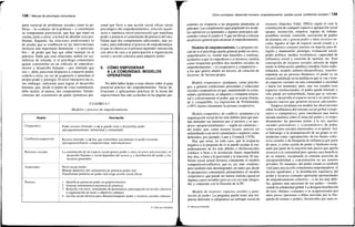 138 / Manual de psicología comunitaria
parte esencial de problemas sociales como la po-
breza —la «cultura» de la pobreza— y constituyen
su componente psicosocial, que hay que tener en
cuenta, junto a otros, a la hora de abordar esos pro-
blemas. Segundo, las relaciones profesionales (o
de ayuda) que se establecen en las intervenciones
incluyen una importante dimensión —e intercam-
bio— de poder que hay que saber manejar en la
práctica. Dado que esas relaciones suelen ser asi-
métricas de entrada, si el psicólogo comunitario
quiere convertirlas en un vehículo de empodera-
miento y desarrollo humano —por limitado que
sea—, debe, para estar dispuesto a compartir poder,
cederlo a otros, en vez de acapararlo y aumentar el
propio poder y prestigio. El nivel interactivo no es,
sin embargo, suficiente para lograr el desarrollo
humano, que, desde el punto de vista comunitario,
debe incluir, al menos, dos componentes: fortale-
cimiento del sentimiento de poder (potencia) per-
sonal que lleve a una acción social eficaz (nivel
psicológico del empoderamiento); relación iguali-
taria o simétrica (nivel psicosocial) que transfiera
poder y potencie el sentimiento de potencia del otro.
Faltan aquí dos componentes adicionales, más so-
ciales, para redondear el proceso de empoderamien-
to que se esboza en el próximo apartado: interacción
con otros de cara a la participación u organización
social y acción colectiva para adquirir poder.
5. COMO EMPODERAR
A LA COMUNIDAD: MODELOS
OPERATIVOS
No debe haber dudas a estas alturas sobre el gran
potencial práctico del empoderamiento. Varias de-
rivaciones y aplicaciones prácticas de la teoría del
empowerment han sido ya hechas en las páginas pre-
CUADRO 4.7
Modelos y proceso de empoderamiento
Modelo
Cooperativo
Conflicto/competición
Recursos sociales
Asunciones
Proceso
Descripción
Poder recurso ilimitado > se puede crear y desarrollar poder
(presupone/aumenta: solidaridad y comunidad)
Recurso limitado ^ hay que redistribuir socialmente el poder existente
(presupone/refuerza: competitividad, individualismo)
La constitución de un espacio social genera poder y otros recursos psicosociales; el
desarrollo humano y social dependen del acceso a, y distribución del poder y los
recursos generados
Nivel social medio
Manejo dialéctico del sentimiento de potencia-poder real
Transformar potencia en poder real exige acción social eficaz
1. Identificar potencial poder en grupo/colectivo
2. Generar sentimiento/conciencia de potencia
3. Relación con otros, sentimiento de pertenencia, participación en acción colectiva
u organización en torno a objetivos comunes
4. Acción social efectiva para obtener/compartir poder y recursos sociales valiosos
© Ediciones Pirámide
Otros conceptos: desarrollo humano, empoderamiento, cambio social, problemas sociales I 139
cedentes en respuesta a las preguntas planteadas al
principio. Las complemento aquí ampliando los mode-
los operativos ya apuntados y algunos principios adi-
cionales (véase el cuadro 4.7) que me llevan a esbozar
un proceso general para alcanzar el empoderamiento.
Modelos de empoderamiento. La pregunta ini-
cial de si el psicólogo puede generar poder en otros,
empoderarlos (o, siendo más humildes y realistas,
ayudarlos a que se empoderen a sí mismos), tendría
como respuestas posibles dos modelos sociales de
empoderamiento —el cooperativo y competitivo—
a los que quiero añadir un tercero, de creación de
recursos, de factura propia.
Modelo cooperativo: ayudamos, como psicólo-
gos, a generar condiciones personales y relaciones
sociales cooperativas en que, manteniendo la comu-
nidad y pertenencia, se adquiere y comparte relacio-
nal y colectivamente el poder, que se asume ilimita-
do y compartible. La exposición de Prilleltensky
(1997) ilustra claramente la postura cooperativa.
Modelo competitivo, de conflicto: ayudamos a la
organización social de los más débiles para que pue-
dan defender sus intereses por sí mismos y se apo-
deren «proporcionalmente» —según sus carencias—
del poder, que, como recurso escaso, precisa ser
redistribuido a un nivel comunitario o superior, como
defienden, por ejemplo, Laue y Cormick (1978).
Hay que notar, en todo caso, que la respuesta
negativa a la pregunta de si se puede ayudar al em-
poderamiento de los más débiles o desfavorecidos
conduce o bien a la revolución (harto improbable
hoy día), o bien a la pasividad y la inacción. El am-
biente social actual favorece claramente el modelo
competitivo/conflictivo, que es, así, más «realista»
pero también más desintegrador, en tanto que desde
la perspectiva comunitaria primaríamos el modelo
cooperativo, que puede ser menos realista (quizá en
algunos casos inviable) pero es a la vez más integra-
dor y coherente con la filosofía de la PC.
Modelo de recursos: espacios sociales y gene-
ración de poder. La pregunta puede tener una res-
puesta diferente si adoptamos un enfoque social de
recursos (Sánchez Vidal, 2002a) según el cual la
constitución de cualquier espacio o agrupación social
(grupo, institución, empresa, equipo de trabajo,
asamblea vecinal, comisión, asociación de padres
de alumnos, etc.) genera poder y otros recursos so-
ciales ligados al tipo de espacio social creado y a
los elementos comunes puestos en marcha para di-
rigirlo y mantenerlo: prestigio, evaluación social,
poder político, medios económicos, capacidad de
influencia social y creación de opinión, etc. Esta
concepción de recursos sociales salvaría de algún
modo la bifurcación analítica (modelo finito-redis-
tribuidor, modelo infinito-desarrollista), transfor-
mándola en un proceso dinámico: el poder es un
recurso indefinido en la medida en que se van crean-
do espacios sociales en una comunidad o sociedad
y hasta ese momento; pero, una vez creados esos
espacios institucionales, el poder queda limitado y
sólo puede ser redistribuido, hasta que se «recons-
truya» o desarrolle el espacio social o se creen otros
espacios nuevos que generen recursos adicionales.
Tampoco invalidan ese modelo las observaciones
sobre la influencia del entorno social global (coope-
rativo o competitivo), pero introducen una nueva
mirada analítica sobre el tema del poder y el empo-
deramiento: las personas serían, a la vez, agentes
sociales generadores y «consumidores» de poder,
como actores sociales interesados, si se quiere. Así,
el liderazgo o la jerarquización de un grupo se en-
tenderían como «apropiación» de los bienes colec-
tivos creados o de búsqueda de influencia por parte
de unos, y como cesión de poder y fatalismo resig-
nado por parte de la mayoría más pasiva que aporta
recursos a la comunidad pero apenas saca beneficio
de su reparto, exceptuada la cómoda posición de
irresponsabilidad y concentración en sus asuntos
privados. El «manejo» del poder creado es también
vital para una acción comunitaria empoderadora: el
acceso igualitario y la distribución equitativa del
poder y recursos comunes aportarán oportunidades
de empoderamiento colectivo —o de los más débi-
les, quienes más necesitan de ese poder— fortale-
ciendo la solidaridad global. La desigual distribución
de esos «bienes» comunes o su acaparamiento por
unos pocos (personas o élites movidas por la bús-
queda de estatus o poder), favorecidos por unas re-
© Ediciones Pirámide
 