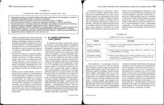 144 / Manual de psicología comunitaria
CUADRO 4.9
Contenidos del cambio sociocomunitario (Sánchez Vidal, 1991)
Prestación de servicios con orientación pública (para todos), social (para los más necesitados y excluidos) y
comunitaria (desarrollando recursos y cercanos a la comunidad)
Desarrollo de recursos para ayudar a otros y para crecer como personas y ciudadanos
Prevención primaria, secundaria y terciaria de los problemas, necesidades y conflictos comunitarios
Reconstrucción social, creación de instituciones «artificiales» para sustituir a las naturales que no funcionan,
fomento de sentido de comunidad, fortalecimiento de redes y vínculos sociales, etc.
Desarrollo comunitario, fomento coordinado de los distintos aspectos (territorio y vivienda, economía, vida
social, educación, salud, etc.) y recursos de la comunidad dirigido por fines autodefinidos y compartidos
Cambio social: redistribución del poder, redefinición de fines colectivos, creación de nuevas instituciones,
autogestión de asuntos, reorganización social y territorial, etc.
ayuden a confrontar nuevos retos sociales para
los que no hay mecanismos sociales (como las
primeras comunidades terapéuticas cuando, al
propagarse la heroína, no había servicios for-
males de atención). O, también, de programas
de fomento del civismo, el sentimiento de co-
munidad o los valores sociales que fortalecen
los aspectos cohesionadores o vinculares de
la vida social.
• Desarrollo comunitario: desarrollo global y
conjunto de los distintos aspectos (territorio,
entorno construido y vivienda, economía y
trabajo, redes sociales y asociacionismo, edu-
cación, salud, etc.) y los recursos de la co-
munidad dirigido por fines definidos por la
propia comunidad y compartidos por la ma-
yoría de sus miembros. Por ejemplo, los «pla-
nes integrales» en barrios o el desarrollo ru-
ral.
• Cambio social en sentido «fuerte», es decir, la
alteración de la estructura y funcionamiento
de una comunidad (o sociedad) con frecuen-
cia redistribuyendo el poder y los recursos
sociales básicos. Se suelen usar estrategias
como la organización comunitaria, la creación
de instituciones «paralelas» (así cooperativas
o escuelas con un ideario no convencional),
la investigación-acción participativa, la con-
cienciación social crítica o la educación po-
pular, la democracia directa o la autogestión
comunitaria.
7. EL CAMBIO PSICOSOCIAL
Y SUS LÍMITES
El concepto de cambio social resulta, como se
ha indicado, excesivamente global y heterogéneo
para la intervención comunitaria en general y la
psicológico-comunitaria en particular, entre otras
razones por no resaltar lo suficientemente el papel
y agencia de los sujetos en los cambios que, como
se vio en el capítulo 2, es central para definir la PC.
¿Podemos perfilar alguna forma o tipo de cambio
que, sin ser una etiqueta de conveniencia, pueda
llevar coherentemente el apellido «psicosocial»,
siendo así más apropiado para la PC? Examinando
las formas de cambio social identificadas (cuadro
4.8) y los contenidos más específicamente comu-
nitarios (cuadro 4.9), podemos observar que con-
tienen, junto a aspectos más amplios y globales,
otros, más intermedios e interactivos, con los que
podemos esbozar tres conceptos posibles de cambio
psicosocial que son sintetizados en el cuadro 4.10.
Protagonismo y agencia de los sujetos. En el ca-
pítulo 2 se habló de cambio psicosocial para referir-
se al tipo de cambio comunitario —ni individual ni
social, planificado desde arriba— en que las personas
objeto del cambio son también sujetos agentes, pro-
tagonistas —coprotagonistas al menos— de él. La
potencia agente y activa reconocida a los sujetos otor-
ga la dimensión psicológica (en realidad psicológico-
colectiva) a los esfuerzos sociales de cambio, justi-
ficando el calificativo «psicosocial».
© Ediciones Pirámide
Otros conceptos: desarrollo humano, empoderamiento, cambio social, problemas sociales I 145
Centralidad de aspectos intermedios y relació-
nales, como las actitudes, significaciones, valores,
interacción o empoderamiento, que, junto a su sig-
nificado subjetivo, son subrayados en los dos mo-
mentos decisivos del cambio: al definir los proble-
mas o fenómenos a cambiar y al diseñar y llevar a
cabo las soluciones, priorizando en ambos el sig-
nificado y valor para los sujetos tanto del fenóme-
no a cambiar como de las metas alternativas a per-
seguir. Esta concepción concuerda con la que
Rueda (1986) atribuye a la «praxis psicosocial» en-
«Descongelando» y «recongelando» las fuerzas
psicosociales. K. Lewin (1951, 1997) ha esbozado
otra interesante versión del cambio psicosocial que
integra dinámicamente aspectos psicológicos (ini-
ciativa de los sujetos en un grupo) y sociales: normas,
valores, hábitos, conformidad social, etc. Las situa-
ciones sociales son concebidas como estados («cua-
siestacionarios») de equilibrio inestable de dos tipos
de fuerzas sociales: unas que mantienen ese estado
y otras —«internas» al grupo— que «ajustan» o con-
forman el comportamiento de cada miembro al equi-
librio del grupo. Para realizar un cambio en el grupo,
hay que actuar sobre estas últimas, desbloqueando
el equilibrio inicial mediante la generación de mo-
tendida como una búsqueda de alternativas a una
situación social indeseable pero mantenida por un
«sistema adaptativo» (pautas de significación, in-
teracción y comportamiento colectivo) a modificar
a través de un cambio autogestionado por el grupo
social en que, venciendo aquellas resistencias al
cambio y ahondando en la oposición dialéctica en-
tre el «sistema adaptativo» actual —problemático
e indeseable— y sus alternativas más deseables, se
halle una síntesis más adecuada y funcional para el
colectivo.
vimientos de miembros inconformistas del grupo que
«arrastren» al resto. Se produce así un desplazamien-
to (descongelación, unfreezing) hacia un nuevo es-
tado de equilibrio, que ha de ser «recongelado» o
consolidado para no regresar por inercia al estado
anterior. Se trata, pues, de un cambio genuinamente
psicosocial, en que los individuos cambian en función
de sus vinculaciones sociales a la vez que el sistema
social se modifica en función de la conformidad y
percepciones de los individuos, siendo ambos —sis-
tema e individuos— interdependientes en el proceso
participativo de cambio. El mantenimiento de pro-
gramas (capítulo 7) de intervención puede ser visto
como una forma de «recongelar» el cambio.
CUADRO 4.10
Cambio psiocosocial: concepciones
Concepto
Agencia, protagonismo
de sujetos
Aspectos intermedios
e interacción centrales
Desequilibrio inducido
de fuerzas psicosociales
Descripción
Las personas son colectivamente agentes protagonistas del cambio; cambio
comunitario, desde abajo
Se subraya el papel de interacción y pautas subjetivas de significado, valor
y comportamiento en el cambio
Se alienta la «descongelación» del estado de equilibrio (fuerzas a favor y en
contra) grupal y el «deslizamiento» conformista de los miembros del gru-
po hacia un nuevo estado de equilibrio
© Ediciones Pirámide
 