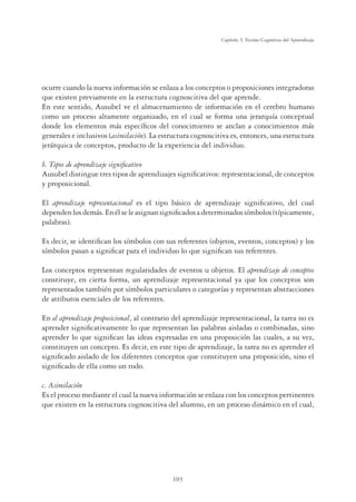 103
Capítulo 3, Teorías Cognitivas del Aprendizaje
ocurre cuando la nueva información se enlaza a los conceptos o proposiciones integradoras
que existen previamente en la estructura cognoscitiva del que aprende.
En este sentido, Ausubel ve el almacenamiento de información en el cerebro humano
como un proceso altamente organizado, en el cual se forma una jerarquía conceptual
donde los elementos más especíﬁcos del conocimiento se anclan a conocimientos más
generales e inclusivos (asimilación). La estructura cognoscitiva es, entonces, una estructura
jerárquica de conceptos, producto de la experiencia del individuo.
b. Tipos de aprendizaje signiﬁcativo
Ausubel distingue tres tipos de aprendizajes signiﬁcativos: representacional, de conceptos
y proposicional.
El aprendizaje representacional es el tipo básico de aprendizaje signiﬁcativo, del cual
dependenlosdemás.Enélseleasignansigniﬁcadosadeterminadossímbolos(típicamente,
palabras).
Es decir, se identiﬁcan los símbolos con sus referentes (objetos, eventos, conceptos) y los
símbolos pasan a signiﬁcar para el individuo lo que signiﬁcan sus referentes.
Los conceptos representan regularidades de eventos u objetos. El aprendizaje de conceptos
constituye, en cierta forma, un aprendizaje representacional ya que los conceptos son
representados también por símbolos particulares o categorías y representan abstracciones
de atributos esenciales de los referentes.
En el aprendizaje proposicional, al contrario del aprendizaje representacional, la tarea no es
aprender signiﬁcativamente lo que representan las palabras aisladas o combinadas, sino
aprender lo que signiﬁcan las ideas expresadas en una proposición las cuales, a su vez,
constituyen un concepto. Es decir, en este tipo de aprendizaje, la tarea no es aprender el
signiﬁcado aislado de los diferentes conceptos que constituyen una proposición, sino el
signiﬁcado de ella como un todo.
c. Asimilación
Es el proceso mediante el cual la nueva información se enlaza con los conceptos pertinentes
que existen en la estructura cognoscitiva del alumno, en un proceso dinámico en el cual,
 