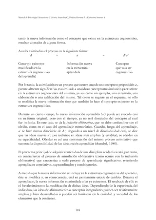 104
Manual de Psicología Educacional / Violeta Arancibia C., Paulina Herrera P. y Katherine Strasser S.
tanto la nueva información como el concepto que existe en la estructura cognoscitiva,
resultan alterados de alguna forma.
Ausubel simboliza el proceso en la siguiente forma:
A + a = A’a’
Concepto existente Información nueva Concepto
modiﬁcado en la en la estructura que va a ser
estructura cognoscitiva aprendida cognoscitiva
del aprendiz}
Por lo tanto, la asimilación es un proceso que ocurre cuando un concepto o proposición a,
potencialmente signiﬁcativo, es asimilado a una idea o concepto más inclusivo ya existente
en la estructura cognoscitiva del alumno, ya sea como un ejemplo, una extensión, una
elaboración o una caliﬁcación del mismo. Tal como se sugiere en el esquema, no sólo
se modiﬁca la nueva información sino que también lo hace el concepto existente en la
estructura cognoscitiva.
Durante un cierto tiempo, la nueva información aprendida (a’) puede ser evocada casi
en su forma original, pero con el tiempo, ya no será disociable del concepto al cual
fue incluida. En este caso, se da la inclusión obliterativa, que no debe confundirse con el
olvido, como en el caso del aprendizaje memorístico. Cuando, luego del aprendizaje,
a` se hace menos disociable de A`, llegando a un nivel de disociabilidad cero, se dice
que las ideas nuevas a`, por incluirse en ideas más amplias (y estables), se olvidan en
su especiﬁcidad. Olvidar es así una continuación del mismo proceso asimilativo que
sustenta la disponibilidad de las ideas recién aprendidas (Ausubel, 1980).
El problema principal de adquirir contenidos de una disciplina académica está, por tanto,
en contrarrestar el proceso de asimilación obliterativa (como ocurre con la inclusión
obliterativa) que caracteriza a todo proceso de aprendizaje signiﬁcativo, reteniendo
aprendizajes correlativos, supraordinados y combinatorios.
A medida que la nueva información se incluye en la estructura cognoscitiva del aprendiz,
ésta se modiﬁca y, en consecuencia, está en permanente estado de cambio. Durante el
aprendizaje, la nueva información es asimilada a las ya existentes. El resultado de ello es
el fortalecimiento o la modiﬁcación de dichas ideas. Dependiendo de la experiencia del
individuo, las ideas de aﬁanzamiento o conceptos integradores pueden ser relativamente
amplias y bien desarrolladas o pueden ser limitadas en la cantidad y variedad de los
elementos que la contienen.
 