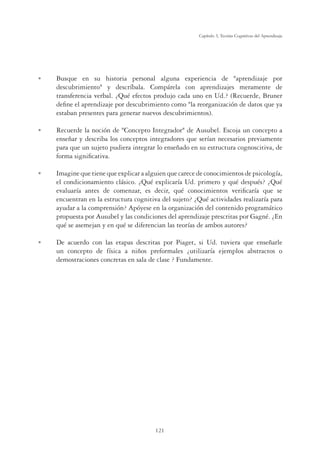 121
Capítulo 3, Teorías Cognitivas del Aprendizaje
U Busque en su historia personal alguna experiencia de aprendizaje por
descubrimiento y descríbala. Compárela con aprendizajes meramente de
transferencia verbal. ¿Qué efectos produjo cada uno en Ud.? (Recuerde, Bruner
deﬁne el aprendizaje por descubrimiento como la reorganización de datos que ya
estaban presentes para generar nuevos descubrimientos).
U Recuerde la noción de Concepto Integrador de Ausubel. Escoja un concepto a
enseñar y describa los conceptos integradores que serían necesarios previamente
para que un sujeto pudiera integrar lo enseñado en su estructura cognoscitiva, de
forma signiﬁcativa.
U Imagine que tiene que explicar a alguien que carece de conocimientos de psicología,
el condicionamiento clásico. ¿Qué explicaría Ud. primero y qué después? ¿Qué
evaluaría antes de comenzar, es decir, qué conocimientos veriﬁcaría que se
encuentran en la estructura cognitiva del sujeto? ¿Qué actividades realizaría para
ayudar a la comprensión? Apóyese en la organización del contenido programático
propuesta por Ausubel y las condiciones del aprendizaje prescritas por Gagné. ¿En
qué se asemejan y en qué se diferencian las teorías de ambos autores?
U De acuerdo con las etapas descritas por Piaget, si Ud. tuviera que enseñarle
un concepto de física a niños preformales ¿utilizaría ejemplos abstractos o
demostraciones concretas en sala de clase ? Fundamente.
 