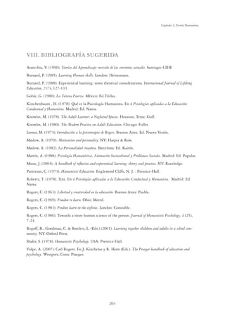 203
Capítulo 5, Teoría Humanista
VIII. BIBLIOGRAFÍA SUGERIDA
Arancibia, V. (1990). Teorías del Aprendizaje: revisión de las corrientes actuales. Santiago: CIDE
Burnard, P. (1985). Learning Human skills. London: Heinemann.
Burnard, P. (1988). Experiential learning: some theorical considerations. International Journal of Lifelong
Education, 2 (7), 127-133.
Goble, G. (1980). La Tercera Fuerza. México: Ed.Trillas.
Kirschenbaum , H. (1978). Qué es la Psicología Humanista. En 4 Psicologías aplicadas a la Educación:
Conductual y Humanista. Madrid: Ed. Narea.
Knowles, M. (1978). The Adult Learner: a Neglected Species. Houston, Texas: Gulf.
Knowles, M. (1980). The Modern Practice on Adult Education. Chicago: Follet.
Lerner, M. (1974). Introducción a la psicoterapia de Rogers. Buenos Aires. Ed. Nueva Visión.
Maslow, A. (1970). Motivation and personality. NY: Harper  Row.
Maslow, A. (1982). La Personalidad creadora. Barcelona: Ed. Kairós.
Martín, A. (1988). Psicología Humanística, Animación Sociocultural y Problemas Sociales. Madrid: Ed. Popular.
Moon, J. (2004). A handbook of reﬂective and experiential learning: theory and practice. NY: Routledge.
Patterson, C. (1973). Humanistic Education. Englewood Cliffs, N. J. : Prentice-Hall.
Roberts, T. (1978). Xxx. En 4 Psicologías aplicadas a la Educación: Conductual y Humanista. Madrid: Ed.
Narea.
Rogers, C. (1963). Libertad y creatividad en la educación. Buenos Aires: Paidós.
Rogers, C. (1969). Freedon to learn. Ohio: Merril.
Rogers, C. (1983). Fredom learn in the eighties. London: Constable.
Rogers, C. (1986). Towards a more human science of the person. Journal of Humanistic Psichology, 4 (25),
7-24.
Rogoff, B., Goodman, C.  Bartlett, L. (Eds.) (2001). Learning together children and adults in a school com-
munity. NY: Oxford Press.
Shafer, S. (1978). Humanistic Psychology. USA: Prentice Hall.
Volpe, A. (2007). Carl Rogers. En J. Kincheloe y R. Horn (Eds.). The Praeger handbook of education and
psychology. Westport, Conn: Praeger.
 