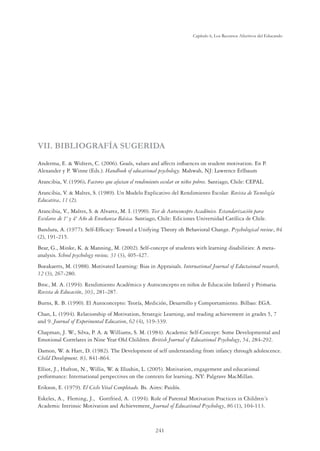 241
Capítulo 6, Los Recursos Afectivos del Educando
VII. BIBLIOGRAFÍA SUGERIDA
Anderma, E.  Wolters, C. (2006). Goals, values and affects inﬂuences on student motivation. En P.
Alexander y P. Winne (Eds.). Handbook of educational psychology. Mahwah, NJ: Lawrence Erlbaum
Arancibia, V. (1996). Factores que afectan el rendimiento escolar en niños pobres. Santiago, Chile: CEPAL.
Arancibia, V.  Maltes, S. (1989). Un Modelo Explicativo del Rendimiento Escolar. Revista de Tecnología
Educativa, 11 (2).
Arancibia, V., Maltes, S.  Alvarez, M. I. (1990). Test de Autoconcepto Académico. Estandarización para
Escolares de 1º y 4º Año de Enseñanza Básica. Santiago, Chile: Ediciones Universidad Católica de Chile.
Bandura, A. (1977). Self-Efﬁcacy: Toward a Unifying Theory oh Behavioral Change. Psychological review, 84
(2), 191-215.
Bear, G., Minke, K.  Manning, M. (2002). Self-concept of students with learning disabilities: A meta-
analysis. School psychology review, 31 (3), 405-427.
Boeakaerts, M. (1988). Motivated Learning: Bias in Appraisals. International Journal of Eductaional research,
12 (3), 267-280.
Broc, M. A. (1994). Rendimiento Académico y Autoconcepto en niños de Educación Infantil y Primaria.
Revista de Educación, 303, 281-287.
Burns, R. B. (1990). El Autoconcepto: Teoría, Medición, Desarrollo y Comportamiento. Bilbao: EGA.
Chan, L. (1994). Relationship of Motivation, Strategic Learning, and reading achievement in grades 5, 7
and 9. Journal of Experimental Education, 62 (4), 319-339.
Chapman, J. W., Silva, P. A.  Williams, S. M. (1984). Academic Self-Concept: Some Developmental and
Emotional Correlates in Nine Year Old Children. British Journal of Educational Psychology, 54, 284-292.
Damon, W.  Hart, D. (1982). The Development of self understanding from infancy through adolescence.
Child Development, 83, 841-864.
Elliot, J., Hufton, N., Willis, W.  Illushin, L. (2005). Motivation, engagement and educational
performance: International perspectives on the contexts for learning. NY: Palgrave MacMillan.
Erikson, E. (1979). El Ciclo Vital Completado. Bs. Aires: Paidós.
Eskeles, A., Fleming, J., Gottfried, A. (1994). Role of Parental Motivation Practices in Children´s
Academic Intrinsic Motivation and Achievement. Journal of Educational Psychology, 86 (1), 104-113.
 