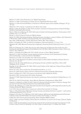 324
Manual de Psicología Educacional / Violeta Arancibia C., Paulina Herrera P. y Katherine Strasser S.
Bandura, A. (1984). Teoría del aprendizaje social. Madrid: Espasa-Calpe.
Bandura, A. (1986). Social Foundations of thought and action. Englewood Cliffs: Prentice-Hall.
Bandura, A. (1990). Perceived Self-Efﬁcacy in the Exercise of Personal Agency. Revista Española de Pedagogía, 187, pp.
397-424.
Baquero, R. (1997). Vygotsky y el aprendizaje escolar. Buenos Aires: Aique.
Bataglia, S. Rojas, M.  Sofria, F. (1995). Estilos de enseñanza. Seminario de Título para obtener el título de Psicólogo
Pontiﬁcia Universidad Católica de Chile.
Bear, G., Minke, K.  Manning, M. (2002). Self-concept of students with learning disabilities: A meta-analysis. School
psychology review, 31 (3), 405-427.
Beltrán, J. (1992). Psicología de la Educación. Madrid: Eudema
Berliner, D. (2006). Educational psychology: Searching for essence throughout a century of inﬂuence. En P. Alexander 
P. Winne (Eds.) (2006). Handbook of educational psychology. N.J.: Lawrence Erlbaum.
Beyer, B.K. (1988) Developing a Thinking Skills Program. Boston, Mass: Allyn and Bacon.
Blythe, T.  Gardner, H. (1990). A school for all intelligences. Educational leadership, 47 (7), pp. 33-38.
Boeakaerts, M. (1988). Motivated Learning: Bias in Appraisals. International Journal of Eductaional research, 12 (3), 267-
280.
Borko, H.  Shavelson, R. J. (1988). Especulaciones sobre la Formación del Profesorado: Recomendaciones de la
Investigación sobre Procesos Cognitivos de los Profesores. En L. M. Villar (1988). Conocimiento, Creencias y Teorías de los
Profesores. Alcoy: Marﬁl S.A.
Botkin, J., Elmandjra, M.  Malita, M. (1979). Aprender, horizontes sin límites. Madrid: Santillana.
Brainerd, C. J. (2003). Jean Piaget, learning research, and american education. En B. Zimmerman  D. Schunk,
Educational Psychology: a century of contributions. NJ: Erlbaum.
Bransford, J. D. (1984). The ideal problem solver. USA: Freman and Steim.
Broc, M. A. (1994). Rendimiento Académico y Autoconcepto en niños de Educación Infantil y Primaria. Revista de
Educación, 303, 281-287.
Brown, R., Yee, M. (1992). Self-Evaluations and Intergroup Attitudes in Children Aged Three to Nine. Child
Development, 63 (3), 619-629.
Brundage, H. D.  Mackeracher, D. (1980). Adult Learning Principles and their Application to Program Planning. Minister
of Education-Ontario.
Bruner, J.S. (1961). The act of discovery. Harward Educational Review. 31, 21-32.
Bruner, J.S. (1966) Towards a Theory of Instruction. Harvard University Press, Cambridge, Massachusetts.
Brunet, J.  Negro, J.L. (1985). Cómo organizar una Escuela para Padres. Madrid, Ed. San Pío.
Burnard, P. (1985). Learning Human skills. London: Heinemann.
Burnard, P. (1988). Experiential learning: some theorical considerations. International Journal of Lifelong Education, 2 (7),
127-133.
Burns, R. B. (1990). El Autoconcepto: Teoría, Medición, Desarrollo y Comportamiento. Bilbao: EGA.
Campero, F., Gallardo, G.  Lobos, P. (1987). Diseño de un Programa de Escuela para padres de Adolescentes. Santiago: Tesis
para optar al título de Psicólogo de la Pontiﬁcia Universidad Católica de Chile.
Carretero, M.  Madruga, J. C. (1984). Principales Contribuciones de Vygotsky y la Psicologia Evolutiva Sovietica. En
Psicologia del Desarrollo. Madrid: Amorrortu.
Cices (1994). Intracreatividad. Revista Comunicaciones en Desarrollo de Creatividad, 16. Santiago.
Chan, L. (1994). Relationship of Motivation, Strategic Learning, and reading achievement in grades 5, 7 and 9. Journal
of Experimental Education, 62 (4), 319-339.
Chapman, J. W., Silva, P. A.  Williams, S. M. (1984). Academic Self-Concept: Some Developmental and Emotional
Correlates in Nine Year Old Children. British Journal of Educational Psychology, 54, 284-292.
Clifford, M. (1981) Practicing educational psychology. Boston: Houghton Mifﬂin Company.
Coll, C. (1988). Conocimiento Psicológico y Práctica Educativa: Introducción a las relaciones entre Psicología y Educación. España:
Ed. Barcanova.
Coll, C. (1998). La teoría genética y los procesos de construcción del conocimiento en el aula. En J. Castorina, C. Coll,
A. Díaz, F. Díaz, B. García, G. Hernández, et al. (Eds.), Piaget en la educación (pp.17-52). México D.F.: Paidós.
 