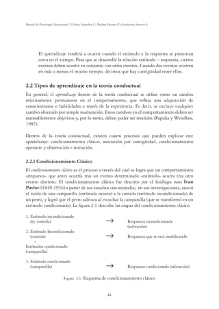 48
Manual de Psicología Educacional / Violeta Arancibia C., Paulina Herrera P. y Katherine Strasser S.
El aprendizaje tenderá a ocurrir cuando el estímulo y la respuesta se presentan
cerca en el tiempo. Para que se desarrolle la relación estímulo – respuesta, ciertos
eventos deben ocurrir en conjunto con otros eventos. Cuando dos eventos ocurren
en más o menos el mismo tiempo, decimos que hay contigüidad entre ellos.
2.2 Tipos de aprendizaje en la teoría conductual
En general, el aprendizaje dentro de la teoría conductual se deﬁne como un cambio
relativamente permanente en el comportamiento, que reﬂeja una adquisición de
conocimientos o habilidades a través de la experiencia. Es decir, se excluye cualquier
cambio obtenido por simple maduración. Estos cambios en el comportamiento deben ser
razonablemente objetivos y, por lo tanto, deben poder ser medidos (Papalia y Wendkos,
1987).
Dentro de la teoría conductual, existen cuatro procesos que pueden explicar este
aprendizaje: condicionamiento clásico, asociación por contigüidad, condicionamiento
operante y observación e imitación.
2.2.1 Condicionamiento Clásico
El condicionamiento clásico es el proceso a través del cual se logra que un comportamiento
-respuesta- que antes ocurría tras un evento determinado -estímulo- ocurra tras otro
evento distinto. El condicionamiento clásico fue descrito por el ﬁsiólogo ruso Ivan
Pavlov (1849-1936) a partir de sus estudios con animales; en sus investigaciones, asoció
el ruido de una campanilla (estímulo neutro) a la comida (estímulo incondicionado) de
un perro, y logró que el perro salivara al escuchar la campanilla (que se transformó en un
estímulo condicionado). La ﬁgura 2.1 describe las etapas del condicionamiento clásico.
1. Estímulo incondicionado
(ej: comida) m Respuesta incondicionada
(salivación)
2. Estímulo Incondicionado
(comida) m Respuesta que se está modiﬁcando
+
Estímulos condicionado
(campanilla)
3. Estímulo condicionado
(campanilla) m Respuesta condicionada (salivación)
Figura 2.1. Esquema de condicionamiento clásico
 