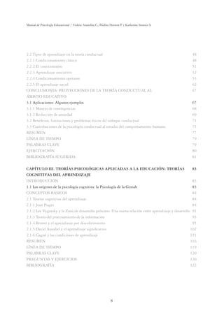 8
Manual de Psicología Educacional / Violeta Arancibia C., Paulina Herrera P. y Katherine Strasser S.
2.2 Tipos de aprendizaje en la teoría conductual 48
2.2.1 Condicionamiento clásico 48
2.2.2 El conexionismo 51
2.2.3 Aprendizaje asociativo 52
2.2.4 Condicionamiento operante 53
2.2.5 El aprendizaje social 62
CONCLUSIONES: PROYECCIONES DE LA TEORÍA CONDUCTUAL AL 67
ÁMBITO EDUCATIVO
3.1 Aplicaciones: Algunos ejemplos 67
3.1.1 Manejo de contingencias 68
3.1.2 Reducción de ansiedad 69
3.2 Beneﬁcios, limitaciones y problemas éticos del enfoque conductual 71
3.3 Contribuciones de la psicología conductual al estudio del comportamiento humano 75
RESUMEN 77
LÍNEA DE TIEMPO 79
PALABRAS CLAVE 79
EJERCITACIÓN 80
BIBLIOGRAFÍA SUGERIDA 81
CAPÍTULO III. TEORÍAS PSICOLÓGICAS APLICADAS A LA EDUCACIÓN: TEORÍAS 83
COGNITIVAS DEL APRENDIZAJE
INTRODUCCIÓN 83
1.1 Los orígenes de la psicología cognitiva: la Psicología de la Gestalt 83
CONCEPTOS BÁSICOS 84
2.1 Teorías cognitivas del aprendizaje 84
2.1.1 Jean Piaget 84
2.1.2 Lev Vygotsky y la Zona de desarrollo próximo: Una nueva relación entre aprendizaje y desarrollo 91
2.1.3 Teoría del procesamiento de la información 93
2.1.4 Bruner y el aprendizaje por descubrimiento 95
2.1.5 David Ausubel y el aprendizaje signiﬁcativo 102
2.1.6 Gagné y las condiciones de aprendizaje 111
RESUMEN 116
LÍNEA DE TIEMPO 119
PALABRAS CLAVE 120
PREGUNTAS Y EJERCICIOS 120
BIBLIOGRAFÍA 122
 