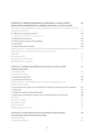 9
CAPÍTULO IV. TEORÍAS PSICOLÓGICAS APLICADAS A LA EDUCACIÓN: 125
APLICACIONES RECIENTES DE LA TEORÍA COGNITIVA A LA EDUCACIÓN
INTRODUCCIÓN: IMPORTANCIA DEL APRENDER A PENSAR EN EL MUNDO ACTUAL 125
CONCEPTOS BÁSICOS 127
2.1 ¿Qué son las estrategias cognitivas? 128
2.1.1 Algunos modelos de estrategias cognitivas 128
2.2 Estrategias metacognitivas 130
2.3 Entrenamiento en resolución de problemas 134
2.4 Creatividad 142
2.5 Algunas aplicaciones concretas 148
CONCLUSIONES: CONDICIONES NECESARIAS PARA DESARROLLAR HABILIDADES DE 164
PENSAMIENTO Y CREATIVIDAD EN LA SALA DE CLASES
RESUMEN 169
PALABRAS CLAVE 171
PREGUNTAS Y EJERCICIOS 171
BIBLIOGRAFÍA SUGERIDA 172
CAPÍTULO V. TEORÍAS PSICOLÓGICAS APLICADAS A LA EDUCACIÓN: 175
TEORÍA HUMANISTA
INTRODUCCIÓN 175
CONCEPTOS BÁSICOS 176
2.1 Aprendizaje experiencial 176
2.2 La orientación no directiva 186
CONCLUSIONES: PROYECCIONES DE LA TEORÍA HUMANISTA EN EL 192
ÁMBITO EDUCATIVO
3.1 Consecuencias de su aplicación: necesidad de un cambio en el modo de percibir la enseñanza 192
3.2 Aplicación 193
3.3 Implicancias para el psicólogo educacional 195
3.4 Limitaciones y fortalezas de la aplicación de la teoría humanista en la educación 198
RESUMEN 199
LÍNEA DE TIEMPO 201
PALABRAS CLAVE 201
EJERCITACIÓN 202
BIBLIOGRAFÍA SUGERIDA 203
CAPÍTULO VI. TEMAS RELEVANTES EN PSICOLOGÍA EDUCACIONAL: 205
LOS RECURSOS AFECTIVOS DEL EDUCANDO
INTRODUCCIÓN 205
CONCEPTOS BÁSICOS 205
 