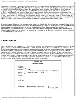 Modelos Conceptuales de Enfermedad en la enseñanza de la Psiquiatría



Elementos complementarios para este enfoque son los conceptos de pensamiento automático y diálogo
interno, propuestos por Beck A.T. En el primero se encuentra el conjunto de pensamientos-estímulos
que cual gatillos subliminales disparan las cogniciones clave para generar conductas desadaptadas. Y,
respecto al segundo, el postulado de que el hombre piensa siempre dialécticamente, en continua
pregunta y respuesta que afinan sus decisiones y conductas finales. Normalmente, el hombre suele
hablarse positivamente y apoyarse emocionalmente con los comentarios internos autogenerados por sus
actos. En los pacientes deprimidos, por ejemplo, hemos observado la presencia de un diálogo interno
que ofrece poco apoyo y sí, más bien, constantes críticas que disminuyen severamente su autoestima.
Existe evidencia para vincular el trastorno depresivo con vulnerabilidades cognoscitivas.



El objetivo diagnóstico de este enfoque se orienta a la elucidación de las cogniciones patológicas, de los
pensamientos automáticos y del diálogo interno alterado en juego. En lo terapéutico, el uso de técnicas
cognoscitivas específicas permite al sujeto, luego de identificar los elementos que gatillan sus
sentimientos y, eventualmente, su conducta, neutralizarlos o corregirlos. Neutralizados los estímulos
cognoscitivos, el circuito se rompe y el síntoma se extingue. Diversos informes clínicos vienen probando
la validez de estos postulados.




5. MODELO SOCIAL



Para este afronte (ver cuadro Nº 5) el hombre no es más que uno de los elementos constitutivos de un
grupo social, primordialmente la familia, y, ésta, la célula básica de la sociedad. Así, la presencia de
enfermedad en uno de los miembros de aquella evidencia la dinámica patológica de dicho grupo social.
En otras palabras, el paciente es la manifestación sintomática del grupo (familiar, escolar, laboral,
comunal, etc.) al que pertenece como ente social. De este modo, los síntomas no son considerados
fenómenos exclusivamente individuales, sino repercusiones del impacto del medio sobre el individuo y
de éste sobre aquél. Consecuentemente, el modelo social postula como objetivo terapéutico restablecer
la relación alterada del individuo con su medio microsocial: la familia, su grupo laboral, de estudio,
amical, u otro, de acuerdo al interjuego de las mutuas influencias.




 http://200.10.68.58/bibvirtual/libros/manualpsiquiatra/cap_8.htm (7 of 14) [23/12/2000 12:37:08 a.m.]
 