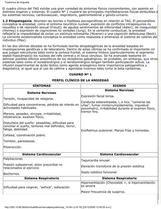 Trastornos de Angustia

El cuadro clínico del TAG exhibe una gran variedad de síntomas físicos concomitantes, con asiento en
distintos órganos y sistemas. El cuadro Nº 1 muestra las principales manifestaciones físicas atribuibles a
los sistemas nervioso, cardiovascular, respiratorio, gastrointestinal y génito-urinario.
1.2 Etiopatogenia. Abundan las teorías o hipótesis psicogenéticas en relación al TAG. El psicoanálisis
conceptúa la ansiedad, como el síntoma neurótico nuclear, expresión de conflictos intrapsíquicos no
resueltos o de represión sexual (Freud); de agudos sentimientos de inferioridad (Adler); de inseguridad
(Horney) o expresión de cogniciones no verbales (Jung). En la vertiente conductual, la ansiedad
reflejaría la imposibilidad de evitar un estímulo estresante (Mowrer) o una cognición defectuosa (Beck).
La corriente existencialista conceptúa la ansiedad como respuesta a amenazas al sistema de valores del
individuo (May).

En las dos últimas décadas se ha formulado teorías etiopatogénicas de la ansiedad basadas en
investigaciones genéticas y de laboratorio. Dentro de estas últimas se ha confirmado el importante rol
que juegan estructuras tales como la corteza frontal, el sistema límbico (particularmente el segmento
septal-hipocámpico) los núcleos del rafe central y el locus ceruleus. Se ha avanzado bastante en
delinear posibles efectos ansiolíticos de los receptores gabaérgicos; es probable, sin embargo, que otros
sistemas tales como el noradrenérgico y el serotoninérgico tengan también participación activa. La
infusión experimental de ácido láctico como agente ansiogénico tiene importancia patogenética y
diagnóstica, al igual que el uso de cafeína y agonistas inversos tales como la beta-carbolinas.
                                                              CUADRO Nº 1
                                              PERFIL CLÍNICO DE LA ANSIEDAD
                           SÍNTOMAS                                                                       SIGNOS
                                                                                                 Sistema Nervioso
                      Sistema Nervioso
                                                                          Expresión facial tensa.
Tensión, incapacidad de relajarse.
                                                    Conducta estereotipada, i,.e tics, "comerse las
Dificultad para concentrarse, pérdida de interés en uñas", fumar ininterrumpidamente, inquietud
actividades habituales.                             psicomotriz, irritabilidad durante el examen físico,
                                                    tremor fino.
Mareos, pesadez, síncope, irritabilidad,
intolerancia. examen físico,
Disturbios del sueño: pesadillas, dificultad para
conciliar el sueño, temores mal definidos, terror,
fatiga, debilidad.                                                        Exoftalmus ocasional. Manos frías y húmedas.
Cefalea, coordinación pobre.
Temblor, parestesias.

Piloerección.

                 Sistema Cardiovascular                                                     Sistema Cardiovascular
Palpitaciones
                                                                          Taquicardia sinusal
Presión subesternal, dolor precordial no
                                                                          Elevación transitoria de la presión sistólica
relacionados al ejercicio
                                                                          Soplo sistólico funcional
Bochornos.
                   Sistema Respiratorio                                                       Sistema Respiratorio
                                                                          Hiperventilación (Chevostek +, si hiperventilación
Dificultad para respirar, "asfixia", sofocación                           es severa
                                                                          Mayor frecuencia de suspiros.




 http://200.10.68.58/bibvirtual/libros/manualpsiquiatra/cap_14.htm (3 of 16) [23/12/2000 12:40:05 a.m.]
 