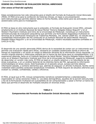 Evaluación Clínica SemiEstructurada

DISEÑO DEL FORMATO DE EVALUACIÓN INICIAL ABREVIADO

(Ver anexo al final del capítulo)



Estas consideraciones han sido relevantes para el diseño del Formato de Evaluación Inicial Abreviado
(FEIA). El FEIA sirve para la confección de historias clínicas, en base a una presentación
semi-estructurada que permite obtener datos en forma flexible, útiles tanto para las actividades clínicas
asistenciales como para la investigación.



El FEIA se basa en otro instrumento que lo antecedió, el Formato de Evaluación Inicial (FEI), utilizado
ampliamente en el Instituto Nacional de Salud Mental "Honorio Delgado-Hideyo Noguchi" y en el
Western Psychiatric Institute and Clinic de la Universidad de Pittsburgh. Constituye un instrumento
semiestructurado de evaluación psiquiátrica que permitía una formulación diagnóstica multiaxial en
términos de la Clasificación Americana de Trastornos Mentales, 3ra. edición (DSM-III). Un estudio de la
confiabilidad interevaluador del FEI conducido en el Instituto Nacional de Salud Mental «Honorio
Delgado-Hideyo Noguchi» y en la Universidad de Pittsburgh, mostró resultados bastante confiables en
Lima (k=0,78).



El desarrollo de una versión abreviada (FEIA) deriva de la necesidad de contar con un instrumento que
permita una evaluación rápida pero eficaz, necesaria en unidades asistenciales donde el ahorro de
tiempo es importante y sin poner en riesgo la obtención eficiente de la información clínica requerida. La
versión original extensa y meticulosa requería por lo menos de dos horas para su completamiento, y la
experiencia obtenida, tanto en el Instituto Nacional de Salud Mental "Honorio Delgado-Hideyo Noguchi"
como en el Western Psychiatric Institute and Clinic de la Universidad de Pittsburgh, sugería la necesidad
de desarrollar un versión más corta. El FEIA se basó en un diseño selectivo y no redundante de las
áreas evaluativas, y en un análisis factorial de los distintos ítems del FEI, agrupando la información
sintomatológica en áreas claves. Está focalizado en el episodio actual, aunque permite obtener
información pasada, y contiene elementos que, además de asegurar un afronte multiaxial, facilita cierta
visibilidad sobre posibles conductas terapéuticas inmediatas. El FEIA requiere de estudios ulteriores que
evalúen su utilidad, confiabilidad, validez y eficiencia.



El FEIA, al igual que el FEI, incluye componentes narrativos complementarios y estandarizados,
organizados en varias secciones (Tabla 1). Los datos demográficos, aquellos de la porción estructurada
y los de la formulación multiaxial son susceptibles de ser computarizados y pasar a formar un banco de
datos que permita el desarrollo de múltiples estudios en diversas áreas.



                                                                  TABLA 1:

                Componentes del Formato de Evaluación Inicial Abreviado, versión 1995




 http://200.10.68.58/bibvirtual/libros/manualpsiquiatra/cap_6.htm (3 of 8) [23/12/2000 12:35:20 a.m.]
 