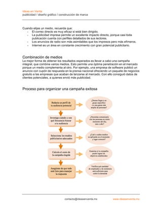 Ideas en Venta
publicidad / diseño gráfico / construcción de marca



Cuando elijas un medio, recuerda que:
   - El correo directo es muy eficaz si está bien dirigido.
   - La publicidad impresa permite un excelente impacto directo, porque casi toda
      publicación cuenta con perfiles detallados de sus lectores.
   - Los anuncios de radio son más asimilables que los impresos pero más efímeros.
   - Internet es un área en constante crecimiento con gran potencial publicitario.


Combinación de medios
La mejor forma de obtener los resultados esperados es llevar a cabo una campaña
integral, que combine varios medios. Esto permite una óptima penetración en el mercado
porque un medio complementa al otro. Por ejemplo, una empresa de software publicó un
anuncio con cupón de respuesta en la prensa nacional ofreciendo un paquete de negocios
gratuito a las empresas que acaban de lanzarse al mercado. Con ello consiguió datos de
clientes potenciales, a quienes envió más publicidad.



Proceso para organizar una campaña exitosa




                                contacto@ideasenventa.mx          www.ideasenventa.mx
 