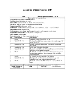 Manual de procedimientos CHN

CHN

Manual de procedimientos CHN (1)
Descripción del procedimiento
Nombre del procedimiento: consulta vía FAX

Política: Disponibilidad de servicios
Propósito: Reforzar interés del cliente en nuestros servicios.
Alcance: Tener en cuenta los requerimientos del cliente.
Responsabilidad: Operador de FAX
Definición: Brindar información requerida ya sea de hoteles, vuelos o lugares turísticos.
Documentos: Fax en correlativo
Instrucciones para llenar las formas: Instructivo de lleno papel membretado.
Norma del documento: llenado desde el computador
Distribución: Envió vía Fax
Procedimiento: Ver diagrama de procedimiento.
NO.

Descripción

1
2

Responsable
cliente
Operador de Fax

3

Operador de Fax

4
5

Operador de Fax
Operador de Fax

6

Cliente

7
8

Cliente
Operador de Fax

9

Cliente

Ingreso al sistema para obtener información y se genera
documento.
Envió de la información solicitada
EL cliente recibirá llamado del operador para confirmación de
información. Y aclaración de dudas.
Si el cliente no se decide por los servicios prestados generar
un reporte en el sistema para análisis de la no compra y
cambios futuros.
Si el cliente confirma la compra del servicio.
Se ingresa la solicitud del servicio al sistema, ya sea
reservación de hotel, vuelo o paquete turístico.
Recibe la confirmación del servicio con su comprobante de
pago.

Elaborado Por:

Walter Dagoberto
Echeverría

Hace solicitud de información vía fax
Recibe solicitud del cliente y envía de información requerida
por la misma vía.

Autorizado Por:

CHN

Fecha de elaboración:

19/10/2013

MANUAL DE
PROCEDIMIENTOS

 