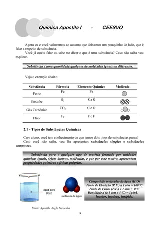 14
Agora eu e você voltaremos ao assunto que deixamos um pouquinho de lado, que é
falar a respeito de substância.
Você já ouviu falar ou sabe me dizer o que é uma substância? Caso não saiba vou
explicar.
Veja o exemplo abaixo:
Substância é uma quantidade qualquer de moléculas iguais ou diferentes.
Substância Fórmula Elemento Químico Molécula
Ferro
Fe Fe
Enxofre
S2 S e S
Gás Carbônico
CO2 C e O
Flúor
F2 F e F
2.1 - Tipos de Substâncias Químicas
Caro aluno, você tem conhecimento de que temos dois tipos de substâncias puras?
Caso você não saiba, vou lhe apresentar: substâncias simples e substâncias
compostas.
Substância pura é qualquer tipo de matéria formada por unidades
químicas iguais, sejam átomos, moléculas, e que por esse motivo, apresentam
propriedades químicas e físicas próprias.
Fonte: Apostila Anglo Sorocaba
Composição molecular da água (H2O)
Ponto de Ebulição (P.E.) a 1 atm = 100 ºC
Ponto de Fusão (P.F.) a 1 atm = 0 ºC
Densidade d (a 1 atm e 4 ºC) = 1g/mL
Incolor, inodora, insípida.
Química Apostila I - CEESVO
 
