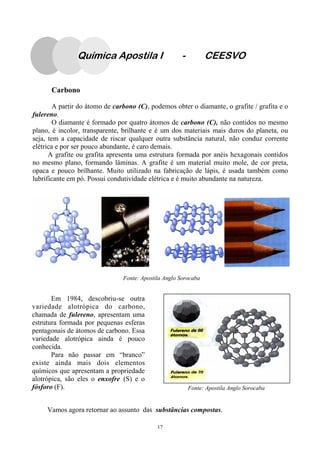 17
Carbono
A partir do átomo de carbono (C), podemos obter o diamante, o grafite / grafita e o
fulereno.
O diamante é formado por quatro átomos de carbono (C), não contidos no mesmo
plano, é incolor, transparente, brilhante e é um dos materiais mais duros do planeta, ou
seja, tem a capacidade de riscar qualquer outra substância natural, não conduz corrente
elétrica e por ser pouco abundante, é caro demais.
A grafite ou grafita apresenta uma estrutura formada por anéis hexagonais contidos
no mesmo plano, formando lâminas. A grafite é um material muito mole, de cor preta,
opaca e pouco brilhante. Muito utilizado na fabricação de lápis, é usada também como
lubrificante em pó. Possui condutividade elétrica e é muito abundante na natureza.
Fonte: Apostila Anglo Sorocaba
Em 1984, descobriu-se outra
variedade alotrópica do carbono,
chamada de fulereno, apresentam uma
estrutura formada por pequenas esferas
pentagonais de átomos de carbono. Essa
variedade alotrópica ainda é pouco
conhecida.
Para não passar em “branco”
existe ainda mais dois elementos
químicos que apresentam a propriedade
alotrópica, são eles o enxofre (S) e o
fósforo (F). Fonte: Apostila Anglo Sorocaba
Vamos agora retornar ao assunto das substâncias compostas.
Química Apostila I - CEESVO
 