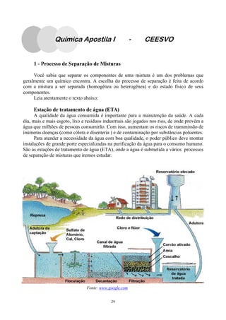 29
1 - Processo de Separação de Misturas
Você sabia que separar os componentes de uma mistura é um dos problemas que
geralmente um químico encontra. A escolha do processo de separação é feita de acordo
com a mistura a ser separada (homogênea ou heterogênea) e do estado físico de seus
componentes.
Leia atentamente o texto abaixo:
Estação de tratamento de água (ETA)
A qualidade da água consumida é importante para a manutenção da saúde. A cada
dia, mais e mais esgoto, lixo e resíduos industriais são jogados nos rios, de onde provém a
água que milhões de pessoas consumirão. Com isso, aumentam os riscos de transmissão de
inúmeras doenças (como cólera e disenteria ) e de contaminação por substâncias poluentes.
Para atender a necessidade da água com boa qualidade, o poder público deve montar
instalações de grande porte especializadas na purificação da água para o consumo humano.
São as estações de tratamento de água (ETA), onde a água é submetida a vários processos
de separação de misturas que iremos estudar.
Fonte: www.google.com
Química Apostila I - CEESVO
 