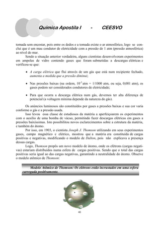 40
tomada sem encostar, pois entre os dedos e a tomada existe o ar atmosférico, logo se con-
clui que é um mau condutor de eletricidade com a pressão de 1 atm (pressão atmosférica)
ao nível do mar.
Sendo a situação anterior verdadeira, alguns cientistas desenvolveram experimentos
em ampolas de vidro contendo gases que foram submetidas a descargas elétricas e
verificou-se que:
• A carga elétrica que flui através de um gás que está num recipiente fechado,
aumenta a medida que a pressão diminui;
• Nas pressões baixas (na ordem, 10-3
atm = 1/1000 atm, ou seja, 0,001 atm), os
gases podem ser considerados condutores de eletricidade;
• Para que ocorra a descarga elétrica num gás, devemos ter alta diferença de
potencial (a voltagem mínima depende da natureza do gás).
Os anúncios luminosos são constituídos por gases a pressões baixas e sua cor varia
conforme o gás e a pressão usada.
Isso levou essa classe de estudiosos da matéria a aperfeiçoarem os experimentos
com o auxílio de uma bomba de vácuo, permitindo fazer descargas elétricas em gases a
pressões baixíssimas. Isto possibilitou novos esclarecimentos sobre a estrutura da matéria,
e também do átomo.
Por isso, em 1903, o cientista Joseph J. Thomson utilizando em seus experimentos
gases, campo magnético e elétrico, mostrou que a matéria era constituída de cargas
positivas e negativas, modificando o modelo de Dalton, pois não explicava a presença
dessas cargas.
Logo, Thomson propôs um novo modelo de átomo, onde os elétrons (cargas negati-
vas) estariam distribuídos numa esfera de cargas positivas. Sendo que o total das cargas
positivas seria igual ao das cargas negativas, garantindo a neutralidade do átomo. Observe
o modelo atômico de Thomson:
Modelo Atômico de Thomson: Os elétrons estão incrustados em uma esfera
carregada positivamente.
Química Apostila I - CEESVO
 