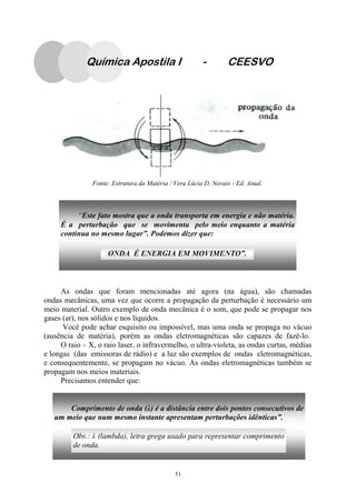 51
Fonte: Estrutura da Matéria / Vera Lúcia D. Novais - Ed. Atual.
“Este fato mostra que a onda transporta em energia e não matéria.
É a perturbação que se movimenta pelo meio enquanto a matéria
continua no mesmo lugar”. Podemos dizer que:
ONDA É ENERGIA EM MOVIMENTO”.
As ondas que foram mencionadas até agora (na água), são chamadas
ondas mecânicas, uma vez que ocorre a propagação da perturbação é necessário um
meio material. Outro exemplo de onda mecânica é o som, que pode se propagar nos
gases (ar), nos sólidos e nos líquidos.
Você pode achar esquisito ou impossível, mas uma onda se propaga no vácuo
(ausência de matéria), porém as ondas eletromagnéticas são capazes de fazê-lo.
O raio – X, o raio laser, o infravermelho, o ultra-violeta, as ondas curtas, médias
e longas (das emissoras de rádio) e a luz são exemplos de ondas eletromagnéticas,
e consequentemente, se propagam no vácuo. As ondas eletromagnéticas também se
propagam nos meios materiais.
Precisamos entender que:
Química Apostila I - CEESVO
Comprimento de onda (λ) é a distância entre dois pontos consecutivos de
um meio que num mesmo instante apresentam perturbações idênticas”.
Obs.: λ (lambda), letra grega usado para representar comprimento
de onda.
 