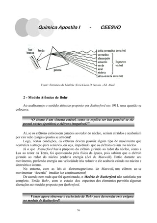 56
Fonte: Estrutura da Matéria /Vera Lúcia D. Novais - Ed. Atual.
2 - Modelo Atômico de Bohr
Ao analisarmos o modelo atômico proposto por Rutherford em 1911, uma questão se
colocava:
Aí, se os elétrons estivessem parados ao redor do núcleo, seriam atraídos e acabariam
por cair nele (cargas opostas se atraem)!
Logo, nestas condições, os elétrons devem possuir algum tipo de movimento que
neutraliza a atração para o núcleo, ou seja, impedindo que os elétrons caiam no núcleo.
Já o que Rutherford havia proposto do elétron girando ao redor do núcleo, como a
Lua ao redor da Terra, foi questionado pela física da época, pois sabiam que o elétron
girando ao redor do núcleo perderia energia (Lei de Maxwell). Então durante seu
movimento, perdendo energia sua velocidade iria reduzir e ele acabaria caindo no núcleo e
destruiria o átomo.
No entanto, com as leis do eletromagnetismo de Maxwell, um elétron ao se
movimentar “deveria” irradiar luz continuamente!
De acordo com tudo que foi questionado, o Modelo de Rutherford não satisfazia por
completo. Então Bohr, com o estudo dos espectros dos elementos permitiu algumas
alterações no modelo proposto por Rutherford.
“O átomo é um sistema estável, como se explica ser isto possível se ele
possui núcleo (positivo) e elétrons (negativo)?”
Vamos agora observar o raciocínio de Bohr para desvendar esse enigma
no modelo de Rutherford!
Química Apostila I - CEESVO
 
