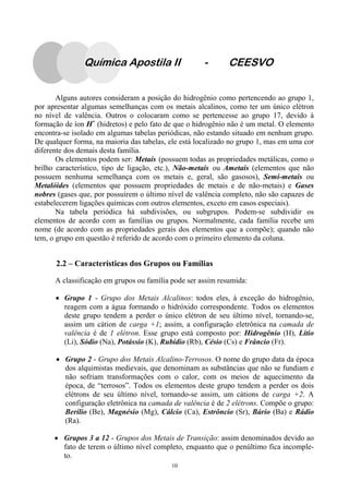10
Alguns autores consideram a posição do hidrogênio como pertencendo ao grupo 1,
por apresentar algumas semelhanças com os metais alcalinos, como ter um único elétron
no nível de valência. Outros o colocaram como se pertencesse ao grupo 17, devido à
formação de íon H+
(hidretos) e pelo fato de que o hidrogênio não é um metal. O elemento
encontra-se isolado em algumas tabelas periódicas, não estando situado em nenhum grupo.
De qualquer forma, na maioria das tabelas, ele está localizado no grupo 1, mas em uma cor
diferente dos demais desta família.
Os elementos podem ser: Metais (possuem todas as propriedades metálicas, como o
brilho característico, tipo de ligação, etc.), Não-metais ou Ametais (elementos que não
possuem nenhuma semelhança com os metais e, geral, são gasosos), Semi-metais ou
Metalóides (elementos que possuem propriedades de metais e de não-metais) e Gases
nobres (gases que, por possuírem o último nível de valência completo, não são capazes de
estabelecerem ligações químicas com outros elementos, exceto em casos especiais).
Na tabela periódica há subdivisões, ou subgrupos. Podem-se subdividir os
elementos de acordo com as famílias ou grupos. Normalmente, cada família recebe um
nome (de acordo com as propriedades gerais dos elementos que a compõe); quando não
tem, o grupo em questão é referido de acordo com o primeiro elemento da coluna.
2.2 – Características dos Grupos ou Famílias
A classificação em grupos ou família pode ser assim resumida:
• Grupo 1 - Grupo dos Metais Alcalinos: todos eles, à exceção do hidrogênio,
reagem com a água formando o hidróxido correspondente. Todos os elementos
deste grupo tendem a perder o único elétron de seu último nível, tornando-se,
assim um cátion de carga +1; assim, a configuração eletrônica na camada de
valência é de 1 elétron. Esse grupo está composto por: Hidrogênio (H), Lítio
(Li), Sódio (Na), Potássio (K), Rubídio (Rb), Césio (Cs) e Frâncio (Fr).
• Grupo 2 - Grupo dos Metais Alcalino-Terrosos. O nome do grupo data da época
dos alquimistas medievais, que denominam as substâncias que não se fundiam e
não sofriam transformações com o calor, com os meios de aquecimento da
época, de “terrosos”. Todos os elementos deste grupo tendem a perder os dois
elétrons de seu último nível, tornando-se assim, um cátions de carga +2. A
configuração eletrônica na camada de valência é de 2 elétrons. Compõe o grupo:
Berílio (Be), Magnésio (Mg), Cálcio (Ca), Estrôncio (Sr), Bário (Ba) e Rádio
(Ra).
• Grupos 3 a 12 - Grupos dos Metais de Transição: assim denominados devido ao
fato de terem o último nível completo, enquanto que o penúltimo fica incomple-
to.
Química Apostila II - CEESVO
 