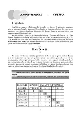 14
1 - Introdução
Você já sabe que as substâncias são formadas por átomos de elementos químicos,
eles se unem por ligações químicas. Na realidade, as ligações químicas são associações
existentes entre átomos iguais ou diferentes. Os átomos ligam-se uns aos outros para
aumentar a estabilidade química.
Vamos analisar a composição da substância água: é formada pela ligação entre dois
átomos do elemento químico hidrogênio (H) e um átomo do elemento químico oxigênio
(O). A união dos dois átomos de hidrogênio (H) com um átomo de oxigênio (O) forma a
molécula da água (H2O),que aumenta a estabilidade do sistema. Muitas moléculas de água
(H2O) juntas denominamos substância água.
As únicas substâncias formadas por átomos isolados são os gases nobres. Já que
eles não necessitam de ligações químicas entre seus átomos, pois são consideradas
quimicamente estáveis por natureza. Então, enquanto um conjunto formado por átomo
de qualquer gás nobre é estável, um conjunto formado por átomos de quaisquer outros
elementos químicos é instável e adquire estabilidade através de ligações químicas, cuja
natureza vai depender da sua configuração eletrônica (distribuição eletrônica).
Vamos observar na tabela abaixo, a configuração eletrônica dos gases
nobres.
Lembrem-se que são as únicas substâncias formadas por átomos isolados!
ELEMENTO NÚMERO CAMADAS ELETRÔNICAS
QUÍMICO ATÔMICO K L M N O P
Hélio (He) 2 2
Neônio (Ne) 10 2 8
Argônio (Ar) 18 2 8 8
Criptônio (Kr) 36 2 8 18 8
Xenônio (Xe) 54 2 8 18 18 8
Radônio (Rn) 86 2 8 18 32 18 8
O HH
Química Apostila II - CEESVO
 