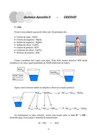 36
1 - Sais
O mar é uma solução aquosa de vários sais. Os principais são:
• Cloreto de sódio - NaCl;
• Cloreto de magnésio - MgCl2;
• Sulfato de magnésio - MgSO4;
• Sulfato de cálcio - CaSO4;
• Cloreto de potássio - KCl
• Carbonato de cálcio - CaCO3;
• Brometo de potássio - KBr.
Vamos considerar dois copos com água. Num deles iremos dissolver HCl (ácido
clorídrico) e no outro, igual quantidade de NaOH (hidróxido de sódio).
HCl(aq)
NaOH(aq)
Agora vamos misturar ambas as soluções e observar a reação química!
Ao misturarmos as duas soluções, ocorre uma reação entre os íons H +
e OH -
,
formando água. Essa reação é chamada de neutralização.
H+
+ OH-
→ H2O
HCl(aq) + NaOH(aq) Na+
(aq) + Cl-
(aq) + H2O(l)
H+
(aq) + Cl-
(aq) + Na+
(aq) + OH-
(aq) Na+
(aq) + Cl-
(aq) + H2O(l)
Química Apostila II - CEESVO
Solução aquosa
(aq), ou seja, em
água.
 