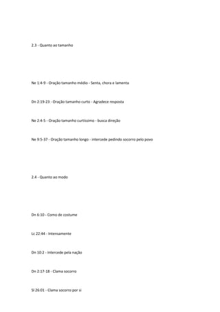 2.3 - Quanto ao tamanho
Ne 1:4-9 - Oração tamanho médio - Senta, chora e lamenta
Dn 2:19-23 - Oração tamanho curto - Agradece resposta
Ne 2:4-5 - Oração tamanho curtíssimo - busca direção
Ne 9:5-37 - Oração tamanho longo - intercede pedindo socorro pelo povo
2.4 - Quanto ao modo
Dn 6:10 - Como de costume
Lc 22:44 - Intensamente
Dn 10:2 - Intercede pela nação
Dn 2:17-18 - Clama socorro
Sl 26:01 - Clama socorro por si
 