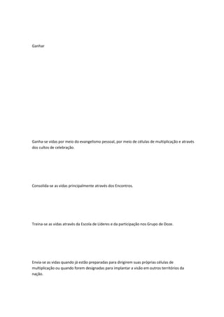Ganhar
Ganha-se vidas por meio do evangelismo pessoal, por meio de células de multiplicação e através
dos cultos de celebração.
Consolida-se as vidas principalmente através dos Encontros.
Treina-se as vidas através da Escola de Líderes e da participação nos Grupo de Doze.
Envia-se as vidas quando já estão preparadas para dirigirem suas próprias células de
multiplicação ou quando forem designadas para implantar a visão em outros territórios da
nação.
 