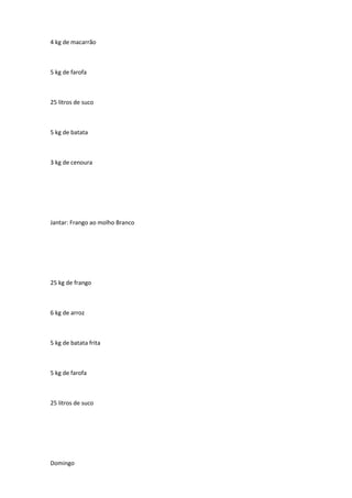 4 kg de macarrão
5 kg de farofa
25 litros de suco
5 kg de batata
3 kg de cenoura
Jantar: Frango ao molho Branco
25 kg de frango
6 kg de arroz
5 kg de batata frita
5 kg de farofa
25 litros de suco
Domingo
 