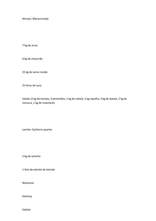 Almoço: Macarronada
7 Kg de arroz
6 kg de macarrão
25 kg de carne moída
25 litros de suco
Salada (3 kg de tomate, 4 pimentões, 1 kg de cebola, 5 kg repolho, 3 kg de batata, 2 kg de
cenoura, 1 kg de maionese).
Lanche: Cachorro-quente
5 kg de salsicha
1 litro de extrato de tomate
Maionese
Katchup
Cebola
 