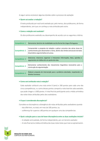 8 REDAÇÃO NO ENEM 2016
CARTILHA DO PARTICIPANTE
A seguir vamos esclarecer algumas dúvidas sobre o processo de avaliação:
•	Quem vai avaliar a redação?
O texto produzido por você será avaliado por, pelo menos, dois professores, de forma
independente, sem que um conheça a nota atribuída pelo outro.
•	Como a redação será avaliada?
Os dois professores avaliarão seu desempenho de acordo com os seguintes critérios:
Competência 1 Demonstrar domínio da modalidade escrita formal da Língua Portuguesa.
Competência 2
Compreender a proposta de redação e aplicar conceitos das várias áreas de
conhecimento para desenvolver o tema, dentro dos limites estruturais do texto
dissertativo-argumentativo em prosa.
Competência 3
Selecionar, relacionar, organizar e interpretar informações, fatos, opiniões e
argumentos em defesa de um ponto de vista.
Competência 4
Demonstrar conhecimento dos mecanismos linguísticos necessários para a
construção da argumentação.
Competência 5
Elaborar proposta de intervenção para o problema abordado, respeitando os
direitos humanos.
•	Como será atribuída nota à redação?
Cada avaliador atribuirá uma nota entre 0 (zero) e 200 pontos para cada uma das
cinco competências, e a soma desses pontos comporá a nota total de cada avaliador,
que pode chegar a 1.000 pontos. A nota final do participante será a média aritmética
das notas totais atribuídas pelos dois avaliadores.
•	O que é considerado discrepância?
Considera-se discrepância a divergência de notas atribuídas pelos avaliadores quando
-	 elas diferirem, no total, em mais de 100 pontos; ou
-	 a diferença for superior a 80 pontos em qualquer uma das competências.
•	Qual a solução para o caso de haver discrepância entre as duas avaliações iniciais?
-	 A redação será avaliada, de forma independente, por um terceiro avaliador.
-	 A nota final será a média aritmética das duas notas totais que mais se aproximarem.
 