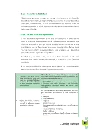1919REDAÇÃO NO ENEM 2016
CARTILHA DO PARTICIPANTE
•	O que é não atender ao tipo textual?
Não atende ao tipo textual a redação que esteja predominantemente fora do padrão
dissertativo-argumentativo, sem apresentar quaisquer indícios de caráter dissertativo
(explicações, exemplificações, análises ou interpretações de aspectos dentro da
temática solicitada) ou de caráter argumentativo (defesa ou refutação de ideias dentro
da temática solicitada).
•	O que é um texto dissertativo-argumentativo?
O texto dissertativo-argumentativo é um texto que se organiza na defesa de um
ponto de vista sobre determinado assunto. É fundamentado com argumentos, para
influenciar a opinião do leitor ou ouvinte, tentando convencê-lo de que a ideia
defendida está correta. É preciso, portanto, expor e explicar ideias. Daí sua dupla
natureza: é argumentativo porque defende uma tese, uma opinião, e é dissertativo
porque são utilizadas explicações para justificá-la.
Seu objetivo é, em última análise, convencer ou tentar convencer o leitor pela
apresentação de razões e pela evidência de provas, à luz de um raciocínio coerente e
consistente.
A sua redação atenderá às exigências de elaboração de um texto dissertativo-
argumentativo se combinar os dois princípios de estruturação:
I	–		Apresentar uma tese, desen-
volver justificativas para com-
prová-la e uma conclusão que
dê fecho à discussão elaborada
no texto, compondo o processo
argumentativo.
TESE – É a ideia que você vai defender no seu texto. Ela
deve estar relacionada ao tema e deve estar apoiada em
argumentos ao longo da redação.
ARGUMENTOS – É a justificativa para convencer o leitor
a concordar com a tese defendida. Cada argumento
deve responder à pergunta “por quê?” em relação à tese
defendida.
II	–	 Utilizar estratégias argumen-
tativas para expor o problema
discutido no texto e detalhar os
argumentos utilizados.
ESTRATÉGIAS ARGUMENTATIVAS – São recursos utilizados
para desenvolver os argumentos, de modo a convencer o
leitor:
•	exemplos;
•	dados estatísticos;
•	pesquisas;
•	fatos comprováveis;
•	citações ou depoimentos de pessoas especializadas no
assunto;
•	pequenas narrativas ilustrativas;
•	alusões históricas; e
•	comparações entre fatos, situações, épocas ou lugares
distintos.
 
