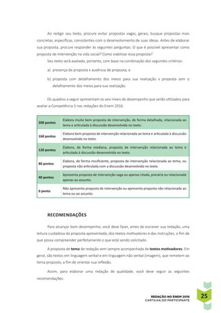 2525REDAÇÃO NO ENEM 2016
CARTILHA DO PARTICIPANTE
Ao redigir seu texto, procure evitar propostas vagas, gerais; busque propostas mais
concretas, específicas, consistentes com o desenvolvimento de suas ideias. Antes de elaborar
sua proposta, procure responder às seguintes perguntas: O que é possível apresentar como
proposta de intervenção na vida social? Como viabilizar essa proposta?
Seu texto será avaliado, portanto, com base na combinação dos seguintes critérios:
a) 	presença de proposta x ausência de proposta; e
b) 	proposta com detalhamento dos meios para sua realização x proposta sem o
detalhamento dos meios para sua realização.
Os quadros a seguir apresentam os seis níveis de desempenho que serão utilizados para
avaliar a Competência 5 nas redações do Enem 2016.
200 pontos
Elabora muito bem proposta de intervenção, de forma detalhada, relacionada ao
tema e articulada à discussão desenvolvida no texto.
160 pontos
Elabora bem proposta de intervenção relacionada ao tema e articulada à discussão
desenvolvida no texto.
120 pontos
Elabora, de forma mediana, proposta de intervenção relacionada ao tema e
articulada à discussão desenvolvida no texto.
80 pontos
Elabora, de forma insuficiente, proposta de intervenção relacionada ao tema, ou
proposta não articulada com a discussão desenvolvida no texto.
40 pontos
Apresenta proposta de intervenção vaga ou apenas citada, precária ou relacionada
apenas ao assunto.
0 ponto
Não apresenta proposta de intervenção ou apresenta proposta não relacionada ao
tema ou ao assunto.
Recomendações
Para alcançar bom desempenho, você deve fazer, antes de escrever sua redação, uma
leitura cuidadosa da proposta apresentada, dos textos motivadores e das instruções, a fim de
que possa compreender perfeitamente o que está sendo solicitado.
A proposta de tema de redação vem sempre acompanhada de textos motivadores. Em
geral, são textos em linguagem verbal e em linguagem não verbal (imagem), que remetem ao
tema proposto, a fim de orientar sua reflexão.
Assim, para elaborar uma redação de qualidade, você deve seguir as seguintes
recomendações:
 