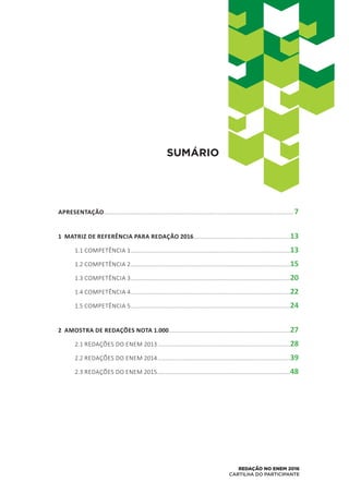 REDAÇÃO NO ENEM 2016
CARTILHA DO PARTICIPANTE
APRESENTAÇÃO.........................................................................................................................7
1 MATRIZ DE REFERÊNCIA PARA REDAÇÃO 2016..............................................................13
1.1 Competência 1......................................................................................................13
1.2 Competência 2......................................................................................................15
1.3 Competência 3......................................................................................................20
1.4 Competência 4......................................................................................................22
1.5 Competência 5......................................................................................................24
2 AMOSTRA DE REDAÇÕES NOTA 1.000..............................................................................27
2.1 REDAÇÕES DO Enem 2013.....................................................................................28
2.2 REDAÇÕES DO Enem 2014.....................................................................................39
2.3 REDAÇÕES DO Enem 2015.....................................................................................48
SUMÁRIO
 