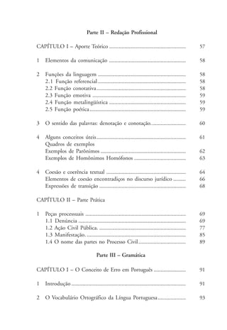 Parte II – Redação Profissional 
CAPÍTULO I – Aporte Teórico ....................................................... 
1 Elementos da comunicação ....................................................... 
2 Funções da linguagem ............................................................... 
2.1 Função referencial ............................................................... 
2.2 Função conotativa................................................................ 
2.3 Função emotiva ................................................................... 
2.4 Função metalingüística ....................................................... 
2.5 Função poética..................................................................... 
3 O sentido das palavras: denotação e conotação......................... 
4 Alguns conceitos úteis................................................................ 
Quadros de exemplos 
Exemplos de Parônimos ............................................................. 
Exemplos de Homônimos Homófonos ..................................... 
4 Coesão e coerência textual ......................................................... 
Elementos de coesão encontradiços no discurso jurídico ......... 
Expressões de transição .............................................................. 
CAPÍTULO II – Parte Prática 
1 Peças processuais ........................................................................ 
1.1 Denúncia ............................................................................. 
1.2 Ação Civil Pública. .............................................................. 
1.3 Manifestação. ....................................................................... 
1.4 O nome das partes no Processo Civil.................................. 
Parte III – Gramática 
CAPÍTULO I – O Conceito de Erro em Português ....................... 
1 Introdução .................................................................................. 
2 O Vocabulário Ortográfico da Língua Portuguesa .................... 
57 
58 
58 
58 
58 
59 
59 
59 
60 
61 
62 
63 
64 
66 
68 
69 
69 
77 
85 
89 
91 
91 
93 
 