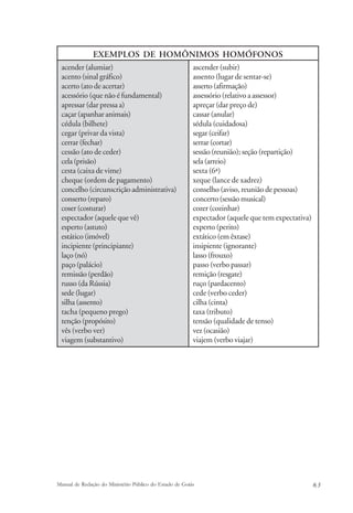 EXEMPLOS DE HOMÔNIMOS HOMÓFONOS 
acender (alumiar) 
acento (sinal gráfico) 
acerto (ato de acertar) 
acessório (que não é fundamental) 
apressar (dar pressa a) 
caçar (apanhar animais) 
cédula (bilhete) 
cegar (privar da vista) 
cerrar (fechar) 
cessão (ato de ceder) 
cela (prisão) 
cesta (caixa de vime) 
cheque (ordem de pagamento) 
concelho (circunscrição administrativa) 
conserto (reparo) 
coser (costurar) 
espectador (aquele que vê) 
esperto (astuto) 
estático (imóvel) 
incipiente (principiante) 
laço (nó) 
paço (palácio) 
remissão (perdão) 
russo (da Rússia) 
sede (lugar) 
silha (assento) 
tacha (pequeno prego) 
tenção (propósito) 
vês (verbo ver) 
viagem (substantivo) 
ascender (subir) 
assento (lugar de sentar-se) 
asserto (afirmação) 
assessório (relativo a assessor) 
apreçar (dar preço de) 
cassar (anular) 
sédula (cuidadosa) 
segar (ceifar) 
serrar (cortar) 
sessão (reunião); seção (repartição) 
sela (arreio) 
sexta (6ª) 
xeque (lance de xadrez) 
conselho (aviso, reunião de pessoas) 
concerto (sessão musical) 
cozer (cozinhar) 
expectador (aquele que tem expectativa) 
experto (perito) 
extático (em êxtase) 
insipiente (ignorante) 
lasso (frouxo) 
passo (verbo passar) 
remição (resgate) 
ruço (pardacento) 
cede (verbo ceder) 
cilha (cinta) 
taxa (tributo) 
tensão (qualidade de tenso) 
vez (ocasião) 
viajem (verbo viajar) 
Manual de Redação do Ministério Público do Estado de Goiás 6 3 
 