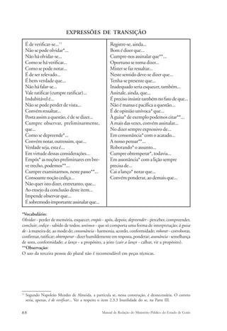 EXPRESSÕES DE TRANSIÇÃO 
É de verificar-se...11 
Não se pode olvidar*... 
Não há olvidar-se... 
Como se há verificar... 
Como se pode notar... 
É de ser relevado... 
É bem verdade que... 
Não há falar-se... 
Vale ratificar (cumpre ratificar)... 
Indubitável é... 
Não se pode perder de vista... 
Convém ressaltar... 
Posta assim a questão, é de se dizer... 
Cumpre observar, preliminarmente, 
que... 
Como se depreende*... 
Convém notar, outrossim, que... 
Verdade seja, esta é... 
Em virtude dessas considerações... 
Empós* as noções preliminares em bre-ve 
trecho, podemos**... 
Cumpre examinarmos, neste passo**... 
Consoante noção cediça... 
Não quer isto dizer, entretanto, que... 
Ao ensejo da conclusão deste item... 
Impende observar que... 
É sobremodo importante assinalar que... 
Registre-se, ainda... 
Bom é dizer que... 
Cumpre-nos assinalar que**... 
Oportuno se torna dizer... 
Mister se faz ressaltar... 
Neste sentido deve-se dizer que... 
Tenha-se presente que... 
Inadequado seria esquecer, também... 
Assinale, ainda, que... 
É preciso insistir também no fato de que... 
Não é mansa e pacífica a questão... 
É de opinião unívoca* que... 
À guisa* de exemplo podemos citar**... 
A mais das vezes, convém assinalar... 
No dizer sempre expressivo de... 
Em consonância* com o acatado... 
A nosso pensar**... 
Roborando* o assunto... 
Cumpre obtemperar*, todavia... 
Em assonância* com a lição sempre 
precisa de... 
Cai a lanço* notar que... 
Convém ponderar, ao demais que... 
*Vocabulário: 
Olvidar - perder de memória, esquecer; empós - após, depois; depreender - perceber, compreender, 
concluir; cediço - sabido de todos; unívoco - que só comporta uma forma de interpretação; à guisa 
de - à maneira de, ao modo de; consonância - harmonia, acordo, conformidade; roborar - corroborar, 
confirmar, ratificar; obtemperar - dizer humildemente em resposta, ponderar; assonância - semelhança 
de sons, conformidade; a lanço - a propósito, a jeito (cair a lanço - calhar, vir a propósito). 
**Observação: 
O uso da terceira pessoa do plural não é recomendável em peças técnicas. 
11 Segundo Napoleão Mendes de Almeida, a partícula se, nessa construção, é desnecessária. O correto 
seria, apenas, é de verificar... Ver a respeito o item 2.3.3 Inutilidade do se, na Parte III. 
68 Manual de Redação do Ministério Público do Estado de Goiás 
 