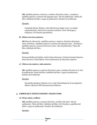 Página
13
LR: Apellidos paterno, materno y nombres del primer autor, y nombres y
apellidos paterno y materno del segundo autor. Año de publicación. Título del
libro: Subtítulo del libro. Lugar de publicación: Nombre de la Editorial.
Ejemplo:
Castañeda Marín, Martín y John Marticorena Sagal. 2007. La ciudad
resplandeciente: París de los encantos artísticos. París: Montagne y
Chapeaux. CP (citación parentética).
b) Libros con tres autores:
LR (lista de referencia) : Apellidos paterno y materno, Nombres del primer
autor, Nombres y Apellidos paterno y materno del segundo autor, y Nombres y
Apellidos paterno y materno del tercer autor. Año de publicación. Título del
libro: Subtítulo del libro.
Ejemplo:
Herasme Medina Eurípides, Carlos Gómez Reynoso, Cristian Gonzales Ramírez.
Enero del 2012. Física Básica: Para instituciones de educación superior.
c) Libros con cuatro y más autores:
LR: Apellidos paterno y materno del primer autor, nombres del autor et al. año
de publicación. Título del libro: Subtítulo del libro. Lugar de publicación:
Nombre de la Editorial.
Ejemplo:
Hernández Sampieri, Roberto et al. 2008. Metodología de la investigación.
México: McGraw-Hill Interamericana Editores.
3. LIBROS QUE TIENEN EDITOR Y TRADUCTOR:
A) Tiene autor y editor:
LR: Apellidos paterno y materno del autor, nombres del autor. Año de
publicación. Título del libro: Subtítulo del libro. Ed. Nombres y apellidos del
editor. Lugar de publicación: Nombre de la Editorial.
Ejemplo:
 