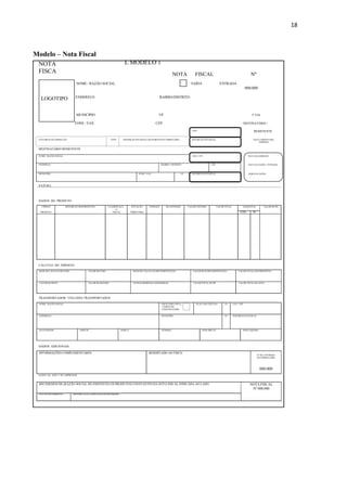 18
Modelo – Nota Fiscal
NOTA
FISCA
L MODELO 1
NOTA FISCAL Nº
NOME / RAZÃO SOCIAL
ENDEREÇO BAIRRO/DISTRITO
SAÍDA ENTRADA
000.000
MUNICÍPIO UF 1ª VIA
FONE / FAX CEP DESTINATÁRIO /
REMETENTE
DATA LIMITE PARA
EMISSÃO
DESTINATÁRIO REMETENTE
FATURA
DADOS DO PRODUTO
CÓDIGO
PRODUTO
DESCRIÇÃO DOS PRODUTOS CLASSIFICAÇÃ
O
FISCAL
SITUAÇÃO
TRIBUTÁRIA
UNIDADE QUANTIDADE VALOR UNITÁRIO VALOR TOTAL ALÍQUOTAS VALOR DO IPI
ICMS IPI
CÁLCULO DO IMPOSTO
BASE DE CÁLCULO DO ICMS VALOR DO ICMS BASE DE CÁLCULO ICMS SUBSTITUIÇÃO VALOR DO ICMS SUBSTITUIÇÃO VALOR TOTAL DOS PRODUTOS
VALOR DO FRETE VALOR DO SEGURO OUTRAS DESPESAS ASSESSÓRIAS VALOR TOTAL DO IPI VALOR TOTAL DA NOTA
TRANSPORTADOR / VOLUMES TRANSPORTADOS
NOME / RAZÃO SOCIAL FRETE POR CONTA
1 EMITENTE
2 DESTINATÁRIO
PLACA DO VEÍCULO UF CGC / CPF
ENDEREÇO MUNICÍPIO UF INSCRIÇÃO ESTADUAL
QUANTIDADE ESPÉCIE MARCA NÚMERO PESO BRUTO PESO LÍQUIDO
DADOS ADICIONAIS
INFORMAÇÕES COMPLEMENTARES RESERVADO AO FISCO
Nº DE CONTROLE
DO FORMULÁRIO
000.000
DADOS DA AIDF E DO IMPRESSOR
RECEBEMOS DE (RAZÃO SOCIAL DO EMITENTE) OS PRODUTOS CONSTANTES DA NOTA FISCAL INDICADA AO LADO NOTA FISCAL
Nº 000.000
DATA DO RECEBIMENTO IDENTIFICAÇÃO E ASSINATURA DO RECEBEDOR
LOGOTIPO
CNPJ
NATUREZA DA OPERAÇÃO CFOP INSCRIÇÃO ESTADUAL DO SUBSTITUTO TRIBUTÁRIO INSCRIÇÃO ESTADUAL
NOME / RAZÃO SOCIAL CNPJ / CPF
ENDEREÇO BAIRRO / DISTRITO CEP
MUNICÍPIO FONE / FAX UF INSCRIÇÃO ESTADUAL
DATA DA EMISSÃO
DATA DA SAÍDA / ENTRADA
HORA DA SAÍDA
 