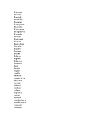 descansar
descartar
descobrir
desconfiar
descrever
desculpar-se
desdenhar
desenvolver
desesperar-se
desmentir
destacar
determinar
devolver
diagnosticar
discordar
discorrer
discursar
discutir
disfarçar
disparar
distinguir
divertir-se
dizer
duvidar
elogiar
elucidar
emendar
emocionar-se
encavacar
encerrar
endossar
enfatizar
enfocar
engatilhar
ensinar
entender
entusiasmar-se
entusiasmar-se
enumerar
enumerar
 