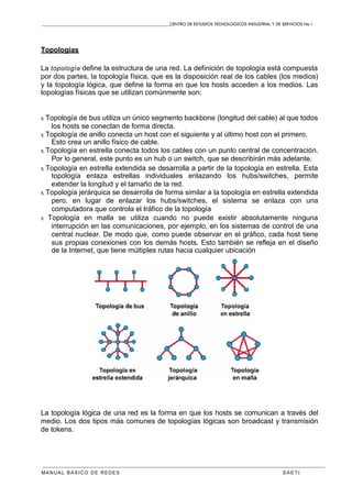 CENTRO DE ESTUDIOS TECNOLOGICOS INDUSTRIAL Y DE SERVICIOS No.1
MANUAL BASICO DE REDES S A E T I
Topologías
La topología define la estructura de una red. La definición de topología está compuesta
por dos partes, la topología física, que es la disposición real de los cables (los medios)
y la topología lógica, que define la forma en que los hosts acceden a los medios. Las
topologías físicas que se utilizan comúnmente son:
x Topología de bus utiliza un único segmento backbone (longitud del cable) al que todos
los hosts se conectan de forma directa.
x Topología de anillo conecta un host con el siguiente y al último host con el primero.
Esto crea un anillo físico de cable.
x Topología en estrella conecta todos los cables con un punto central de concentración.
Por lo general, este punto es un hub o un switch, que se describirán más adelante.
x Topología en estrella extendida se desarrolla a partir de la topología en estrella. Esta
topología enlaza estrellas individuales enlazando los hubs/switches, permite
extender la longitud y el tamaño de la red.
x Topología jerárquica se desarrolla de forma similar a la topología en estrella extendida
pero, en lugar de enlazar los hubs/switches, el sistema se enlaza con una
computadora que controla el tráfico de la topología
x Topología en malla se utiliza cuando no puede existir absolutamente ninguna
interrupción en las comunicaciones, por ejemplo, en los sistemas de control de una
central nuclear. De modo que, como puede observar en el gráfico, cada host tiene
sus propias conexiones con los demás hosts. Esto también se refleja en el diseño
de la Internet, que tiene múltiples rutas hacia cualquier ubicación
La topología lógica de una red es la forma en que los hosts se comunican a través del
medio. Los dos tipos más comunes de topologías lógicas son broadcast y transmisión
de tokens.
 