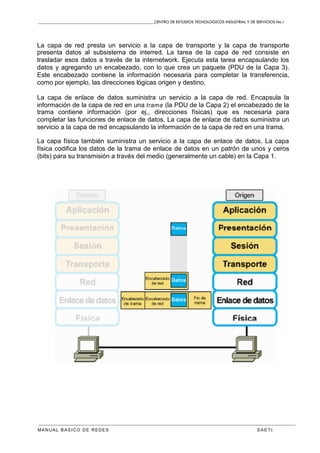 CENTRO DE ESTUDIOS TECNOLOGICOS INDUSTRIAL Y DE SERVICIOS No.1
MANUAL BASICO DE REDES S A E T I
La capa de red presta un servicio a la capa de transporte y la capa de transporte
presenta datos al subsistema de interred. La tarea de la capa de red consiste en
trasladar esos datos a través de la internetwork. Ejecuta esta tarea encapsulando los
datos y agregando un encabezado, con lo que crea un paquete (PDU de la Capa 3).
Este encabezado contiene la información necesaria para completar la transferencia,
como por ejemplo, las direcciones lógicas origen y destino.
La capa de enlace de datos suministra un servicio a la capa de red. Encapsula la
información de la capa de red en una trama (la PDU de la Capa 2) el encabezado de la
trama contiene información (por ej., direcciones físicas) que es necesaria para
completar las funciones de enlace de datos. La capa de enlace de datos suministra un
servicio a la capa de red encapsulando la información de la capa de red en una trama.
La capa física también suministra un servicio a la capa de enlace de datos. La capa
física codifica los datos de la trama de enlace de datos en un patrón de unos y ceros
(bits) para su transmisión a través del medio (generalmente un cable) en la Capa 1.
 