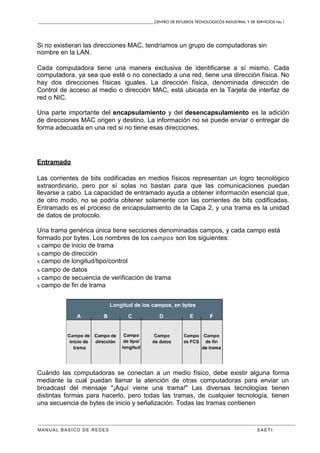 CENTRO DE ESTUDIOS TECNOLOGICOS INDUSTRIAL Y DE SERVICIOS No.1
MANUAL BASICO DE REDES S A E T I
Si no existieran las direcciones MAC, tendríamos un grupo de computadoras sin
nombre en la LAN.
Cada computadora tiene una manera exclusiva de identificarse a sí mismo. Cada
computadora, ya sea que esté o no conectado a una red, tiene una dirección física. No
hay dos direcciones físicas iguales. La dirección física, denominada dirección de
Control de acceso al medio o dirección MAC, está ubicada en la Tarjeta de interfaz de
red o NIC.
Una parte importante del encapsulamiento y del desencapsulamiento es la adición
de direcciones MAC origen y destino. La información no se puede enviar o entregar de
forma adecuada en una red si no tiene esas direcciones.
Entramado
Las corrientes de bits codificadas en medios físicos representan un logro tecnológico
extraordinario, pero por sí solas no bastan para que las comunicaciones puedan
llevarse a cabo. La capacidad de entramado ayuda a obtener información esencial que,
de otro modo, no se podría obtener solamente con las corrientes de bits codificadas.
Entramado es el proceso de encapsulamiento de la Capa 2, y una trama es la unidad
de datos de protocolo.
Una trama genérica única tiene secciones denominadas campos, y cada campo está
formado por bytes. Los nombres de los campos son los siguientes:
x campo de inicio de trama
x campo de dirección
x campo de longitud/tipo/control
x campo de datos
x campo de secuencia de verificación de trama
x campo de fin de trama
Cuándo las computadoras se conectan a un medio físico, debe existir alguna forma
mediante la cual puedan llamar la atención de otras computadoras para enviar un
broadcast del mensaje "¡Aquí viene una trama!" Las diversas tecnologías tienen
distintas formas para hacerlo, pero todas las tramas, de cualquier tecnología, tienen
una secuencia de bytes de inicio y señalización. Todas las tramas contienen
 