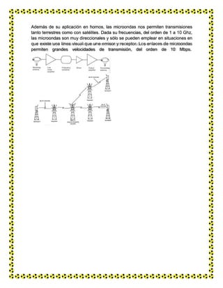 Además de su aplicación en hornos, las microondas nos permiten transmisiones
tanto terrestres como con satélites. Dada su frecuencias, del orden de 1 a 10 Ghz,
las microondas son muy direccionales y sólo se pueden emplear en situaciones en
que existe una línea visual que une emisor y receptor. Los enlaces de microondas
permiten grandes velocidades de transmisión, del orden de 10 Mbps.
 