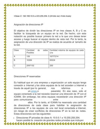 •Clase C: 192.168.10.0 a 223.255.254..0 (24 bits red, 8 bits hosts)
Asignación de direcciones IP
El objetivo de dividir las direcciones IP en tres clases A, B y C es
facilitar la búsqueda de un equipo en la red. De hecho, con esta
notación es posible buscar primero la red a la que uno desea tener
acceso y luego buscar el equipo dentro de esta red. Por lo tanto, la
asignación de una dirección de IP se realiza de acuerdo al tamaño de
la red.
Clase Cantidad de redes
Posibles
Cantidad máxima de equipos de cada
una
A 126 16777214
B 16384 65534
C 2097152 250
Direcciones IP reservadas
Es habitual que en una empresa u organización un solo equipo tenga
conexión a Internet y los otros equipos de la red acceden a Internet a
través de aquél (por lo general, nos referimos a
un proxy o pasarela). En ese caso, solo el
equipo conectado a la red necesita reservar una dirección de IP con el
ICANN. Sin embargo, los otros equipos necesitarán una dirección IP
para comunicarse entre
ellos. Por lo tanto, el ICANN ha reservado una cantidad
de direcciones de cada clase para habilitar la asignación de
direcciones IP a los equipos de una red local conectada a Internet,
sin riesgo de crear conflictos de direcciones IP en la red de redes.
Estas direcciones son las siguientes:
 Direcciones IP privadas de clase A: 10.0.0.1 a 10.255.255.254;
hacen posible la creación de grandes redes privadas que incluyen
miles de equipos.
 