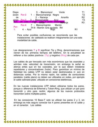 pin Color 1ª opción Color 2ª opción Designación
Dispo
sición
de
pines
Par-
1: 4 - Azul Rojo R1
5 - Blanco/azul Verde T1
Par-2: 1 - Blanco/naranja Negro T2
2 - Naranja Amarillo R2
Par-3: 3 - Blanco/verde Azul T3
6 - Verde Naranja R3
Par-4: 7 - Blanco/marrón Marrón
T4 8 - Marrón Gris azulado R4
Para evitar posibles confusiones se recomienda que las
instalaciones de cableado se realicen íntegramente con una sola
modalidad de cable.
Las designaciones T y R significan Tip y Ring, denominaciones que
vienen de los primeros tiempos del teléfono. En la actualidad se
refieren a los cables positivos (Tip) y negativo (Ring) de cada par.
Los cables de par trenzado son más económicos que los coaxiales y
admiten más velocidad de transmisión, sin embargo la señal se
atenúa antes que en los coaxiales, por lo que deben instalarse
repetidores y concentradores (hubs). Para garantizar un mínimo de
fiabilidad los cables UTP no deben estar destrenzados ni aún en
distancias cortas. Por la misma razón, los cables de conductores
paralelos (cable plano) no deben ser utilizados en redes, por ejemplo
el cable satinado-plata utilizado en conexiones telefónicas.
En las nuevas instalaciones UTP deben utilizarse todos los pares,
porque a diferencia de Ethernet y Token-Ring, que utilizan un par para
transmitir y otro para recibir, algunos de los nuevos protocolos
transmiten sobre múltiples pares.
En las conexiones 10 Base-T solo se utilizan los pares 2 y 3, sin
embargo es más seguro conectar los 4 pares presentes en el cable y
en el conector. Los cables
 