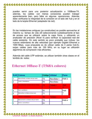 pueden servir para una posterior actualización a 100Base-T4,
además, los cables con menos conexiones pueden trabajar
aparentemente bien, pero fallar en algunas operaciones. Además
debe verificarse la integridad de la conexión en el lado del hub y en el
lado de la tarjeta Ethernet (adaptador de red).
En las instalaciones antiguas (ya construidas) es posible aprovechar al
máximo su tiempo de vida útil seleccionando cuidadosamente el tipo
de acceso que se utilizará sobre la capa física, y utilizando un
analizador de precisión (Nivel II) para verificar la capacidad real del
cable existente. En este sentido es poco probable que incluso los
nuevos estándares de alta velocidad (por ejemplo Gigabit Ethernet a
1000 Mbps, cuya propuesta es de utilizar cable de 4 pares Cat-5),
exijan cables para más de 100 MHz, en su lugar se utilizarán
algoritmos de compresión más eficientes.
Además del cable UTP estándar, se utilizan también otras clases en el
tendido de redes:
Ethernet 10Base-T (T568A colores)
RJ45 Colores Código Utilidad Pares
1 Blanco/Verde o el blanco del par verde
T3 RecvData + PAR 3
2 Verde o Verde/blanco
R3 RecvData -
3 Blanco/Naranja o el blanco del par naranja
T2 Txdata + PAR
2
4 Azul o azul/blanco
R1 PAR
15 Blanco/Azul o el blanco del par azul
T1
6 Naranja o naranja/blanco
R2 TxData -
7 Blanco/marrón o el blanco del par marrón
T4 PAR 4
8 Marrón o marrón/blanco
R4
Ethernet 10Base-T (T568B colores)
 