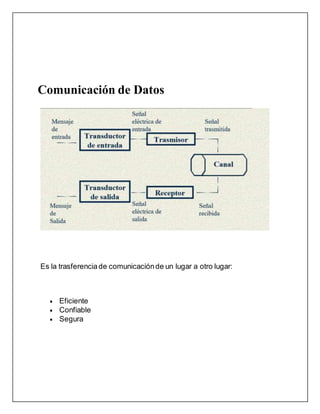 Comunicación de Datos
Es la trasferenciade comunicaciónde un lugar a otro lugar:
 Eficiente
 Confiable
 Segura
 