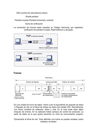 CRC (control de redundancia cíclica)
Simple paridad
Paridad cruzada (Paridad horizontal y vertical)
Suma de verificación
La corrección de errores están basados en Código Hamming, por repetición,
verificación de paridad cruzada, Reed-Solomon y de goyle.
Tramas
Es una unidad de envío de datos. Viene a ser el equivalente de paquete de datos
o Paquete de red, en el Nivel de enlace de datos del modelo OSI. Normalmente
una trama constará de cabecera, datos y cola. En la cola suele estar algún
chequeo de errores. En la cabecera habrá campos de control de protocolo. La
parte de datos es la que quiera transmitir en nivel de comunicación superior,
Típicamente el Nivel de red. Para delimitar una trama se pueden emplear cuatro
métodos, el tracker:
 